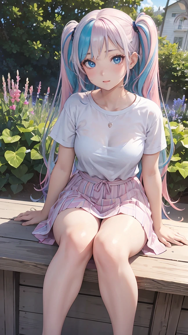 (masterpiece:1.2), (highest quality:1.2),, Curvy but slender body, perfect eyes, perfect face, perfect lighting, 1 girl,(rainbow colored hair, colorful hair, Half blue、half pink hair: 1.2),  in the garden, （shirt），（whole bodyが見える），（Transparent sexy clothes、striped skirt），curly hair, Clothes with short sleeves, 、on the boat、, compensate, eye shadow, small breasts、thick eyelashes, fantasy, looking at the viewer, whole body，alice in wonderland、blue sky、Bright and beautiful face、young shiny glossy white shiny skin、the best beauty、the most beautiful in the world、thin hair、long hair、Shining beautiful bangs、big shining blue eyes、very beautiful and lovely 8 , the most beautiful girl in the world、twin tails、Silver glasses、a disappointed face、ecstasy