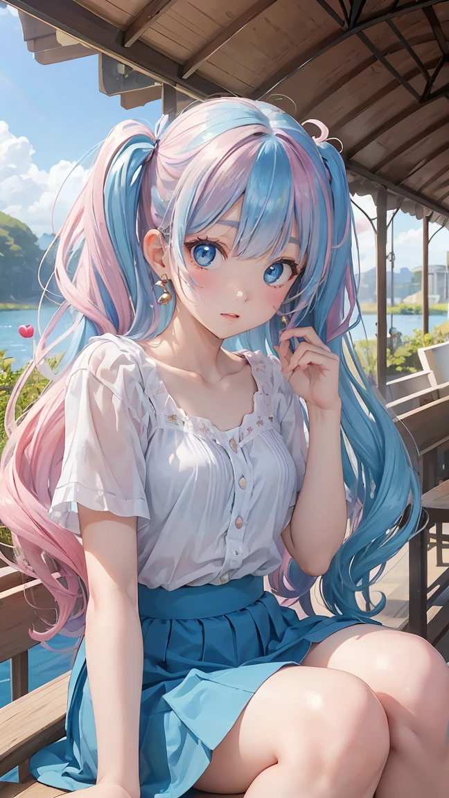 (masterpiece:1.2), (highest quality:1.2),, Curvy but slender body, perfect eyes, perfect face, perfect lighting, 1 girl,(rainbow colored hair, colorful hair, Half blue、half pink hair: 1.2),  in the garden, （shirt），（whole bodyが見える），（Transparent sexy clothes、striped skirt），curly hair, Clothes with short sleeves, 、on the boat、, compensate, eye shadow, small breasts、thick eyelashes, fantasy, looking at the viewer, whole body，alice in wonderland、blue sky、Bright and beautiful face、young shiny glossy white shiny skin、the best beauty、the most beautiful in the world、thin hair、long hair、Shining beautiful bangs、big shining blue eyes、very beautiful and lovely 8 , the most beautiful girl in the world、twin tails、Silver glasses、a disappointed face、ecstasy