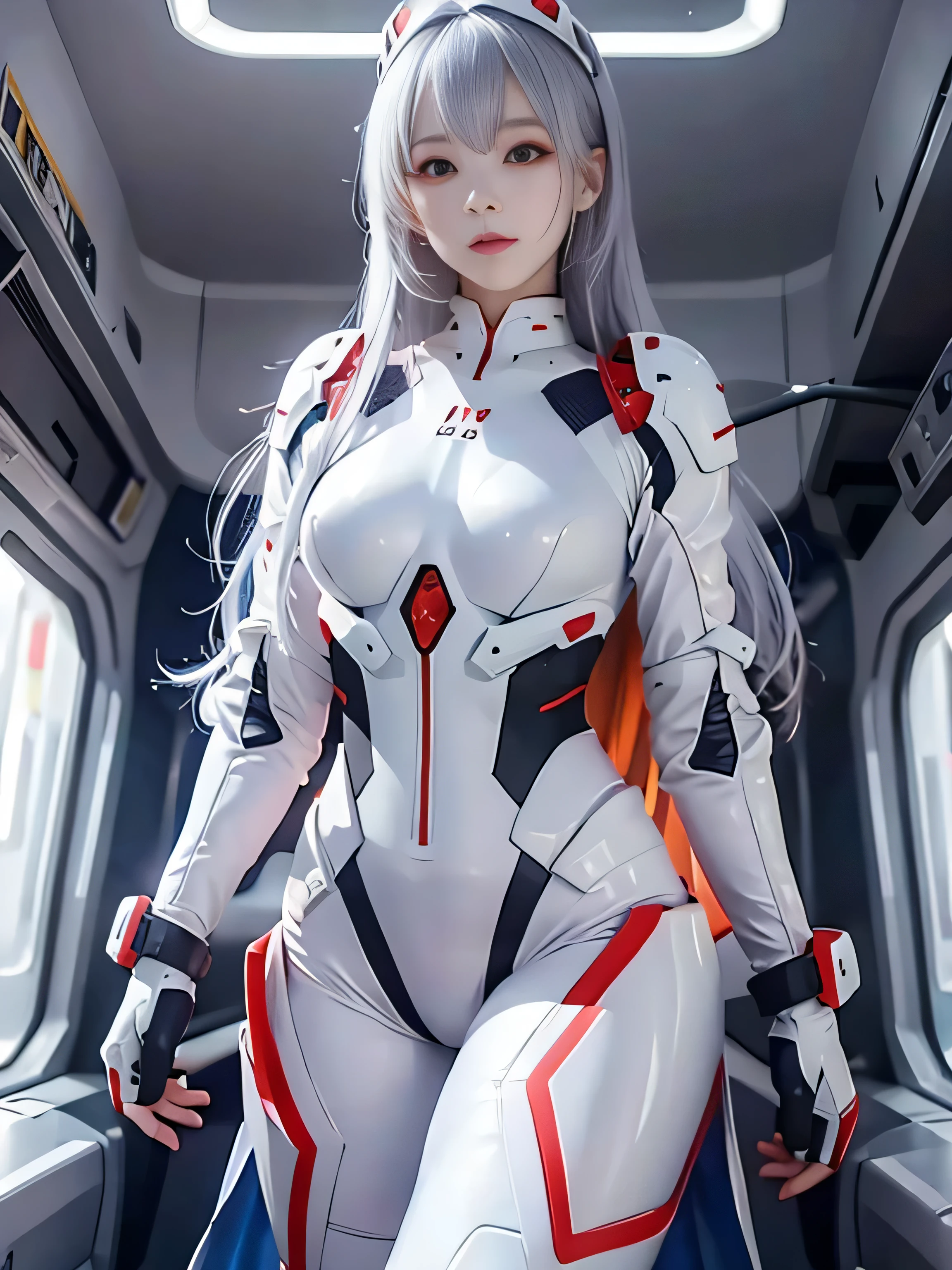 (8K, highest quality, masterpiece:1.2),Advanced detailing,masterpiece,Super detailed,alone,1 woman in law,(whitecolorofbackground:1.5),(delicated eye),Plugsuit, 1 woman in law, star_\(null\), short hair, starnull_null, bodysuit, ayanami_king, alone, night_null, redhead_eye, redhead_background, chest, white_bodysuit, pilot_suit, Lance_of_longinus, bangs, light_particle, interface_headset, souryuu_Asuka_langley,full body, white hair,