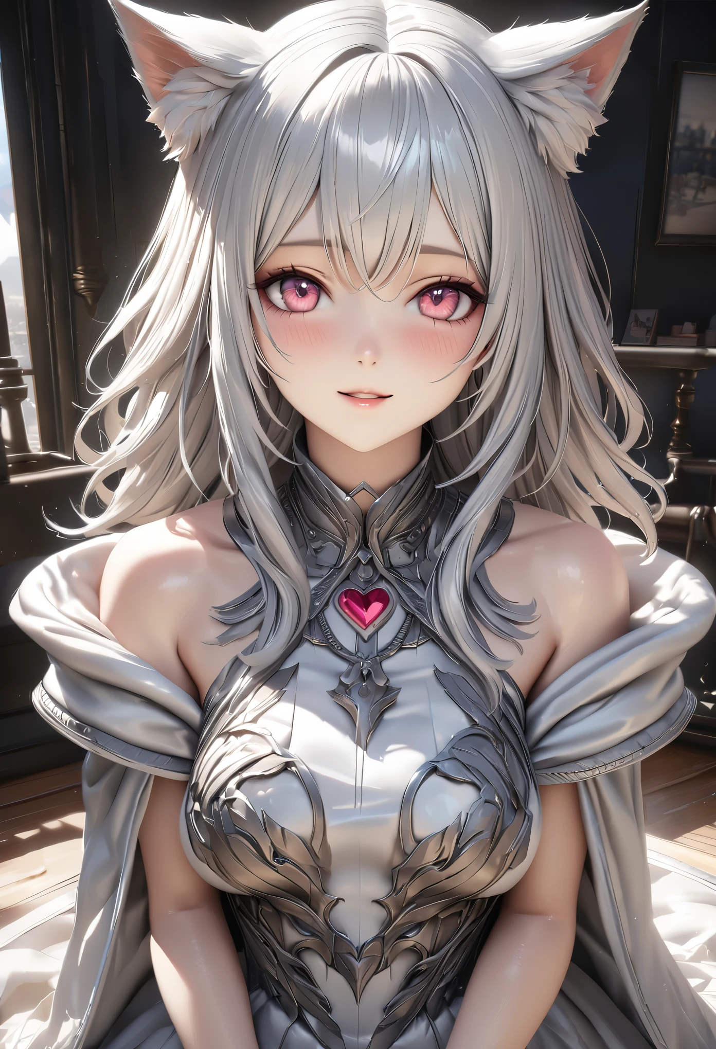red eyes, (highest quality, masterpiece painting:1.3), immature woman, 16 years old, (half body shot), masterpiece, ultra high resolution, (Photoreal:1.0), light purple hair,straight hair, beautiful shining hair, white and shining skin, ((Ultra realistic details)), octane rendering, highly detailed face, (big breasts:0.8), (make a heart with hands), (Attractive delicate design river trimmed lace dress, (Dressed in silver armor with intricate patterns): 1.3)), White cherry blossom embroidery pattern, silver earrings,(milky way galaxy), Hair flutters under the influence of the wind, Japanese garden with beautiful cherry blossoms at night, Mysterious night sky, Beautiful Landscapes, sharp focus, intricate details, professional artwork, (bright colors:1.1), bright colors, diffused lighting, digital blending, ultra-definition body, ultra detail hair, super detailed face, that'It's trending on pixiv, top button open, Cute gaze, compensate, perfect lips, perfect compensate, Ultra-precision coating, (light_smile:0.8), (Very embarrassed:1.2), blush your nose,