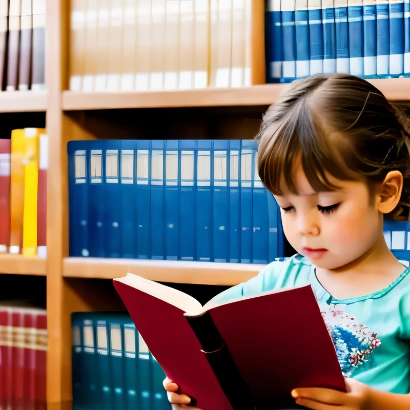 3 year old reading a book in a library