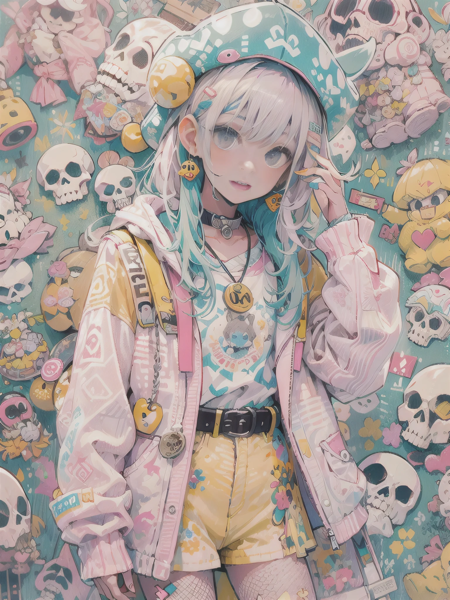 akira toriyama style、"cute, beautiful, Adorable girl wearing pink clothes, yellow, and baby blue color scheme. She is wearing a costume with a SKULL motif inspired by a female pirate.。.。.。.。.。.。.... Fashionable hats, rock、Comes with decorative accessories such as hair clips. Embodying the vibrant and modern Harajuku fashion style。."
