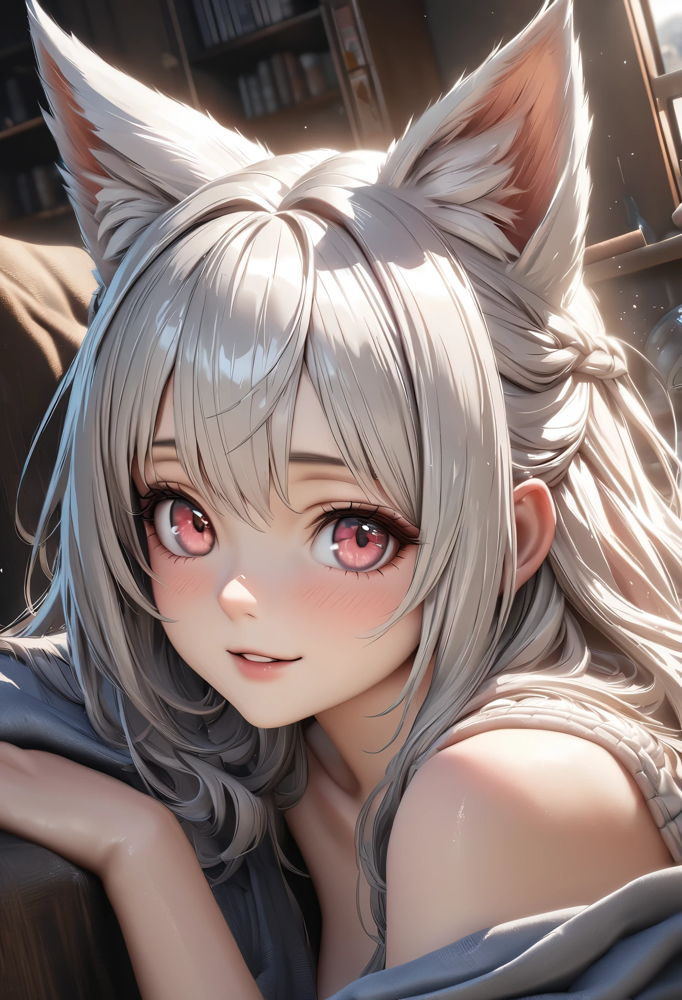 unreal 5, Cinematic footage, full medium closeup, gorgeous 18-year-old kemonomimi woman soft pale skin, cute and youthful face, well-defined eyebrows, delicate nose, ultra-detailed:1.1, photo-realistic:1.4, depth of field, cinematic lighting, IMAX camera, HDR, DTM, Full HD, 8k, flared, medium breasts, slim, smile, standing, 8K picture quality, sexy seduction, 4k, 8k, highres, best quality, plump and round lips 1.4, realistic:1.37 long, flowing:1.1 luscious, plump:1.1 sparkling sequins:1.1 subtle, 0.9 soft, warm:1.1 masterpiece:1.2, realistic:1.4, photo-realistic:1.37, ultra-detailed:1.1 busty animal ears, beautiful, detailed ears:1.1 best quality, 4k, highres, masterpiece:1.2 detailed, piercing eyes:1.1 masterpiece:1.2 very three-dimensional: 1.2, (best shadow), (3D: 0.5, realistic: 0.5, photo-realistic: 1.4), (Sharp focus: 1.5), (sharp focus:1.2), (beautiful face:1.1), (eye makeup:1.2), (tight body:1.2), (highest quality), (8k, best quality, masterpiece:1.3) ((masterpiece, best)), (best illustration), (high detailed skin:1.erfect face:1.1), (high detail:1.1), (detailed random background: 1.3), (beautiful ultra-detailed eyes, highly detailed skin, bright and glowing skin:1,1), (fit body), (Physical Rendering, Professional Lighting, Photon Mapping, Radiosity, Soft Light,  Lens Reflection: 1.3)