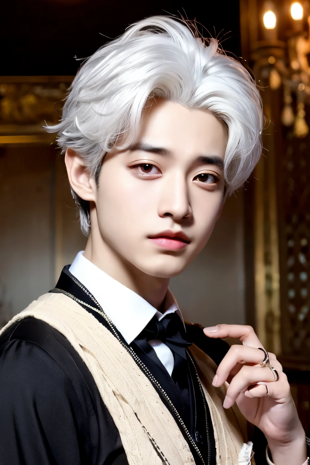 Handsome beast prince with white hair and sagging eyes