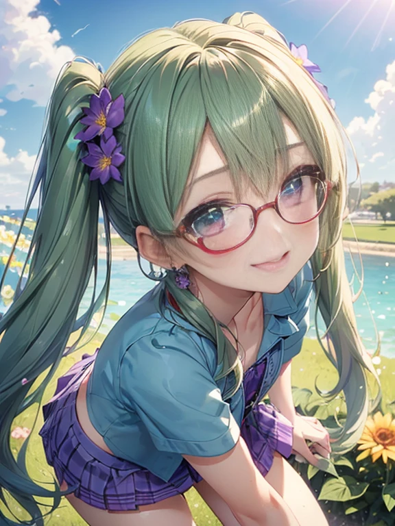 Glasses、小さなgirl、The arrival of autumn、big butt、 (alone:1.5,)Super detailed,bright colors, very beautiful detailed anime face and eyes, look straight, ;shiny_skin,girl, ((gradient hair, , Half white、Half green hair: 1.2)) 、forehead is exposed.、、shiny hair, delicate beautiful face, blush、(turquoise eyes), White skin, Valletta, mature earrings,、sandy beach、sunset、((ribbon、(check、Fashionable blouses、polka dots、purple skirt)))、twin tails、smile、happy face、face dyed red
