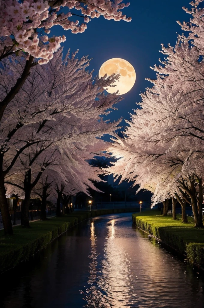 The large cherry blossoms illuminated against the huge moon create a very magical and beautiful night view.