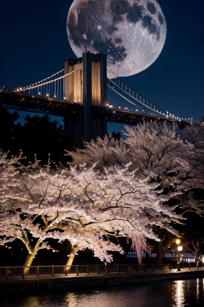 The large cherry blossoms illuminated against the huge moon create a very magical and beautiful night view.