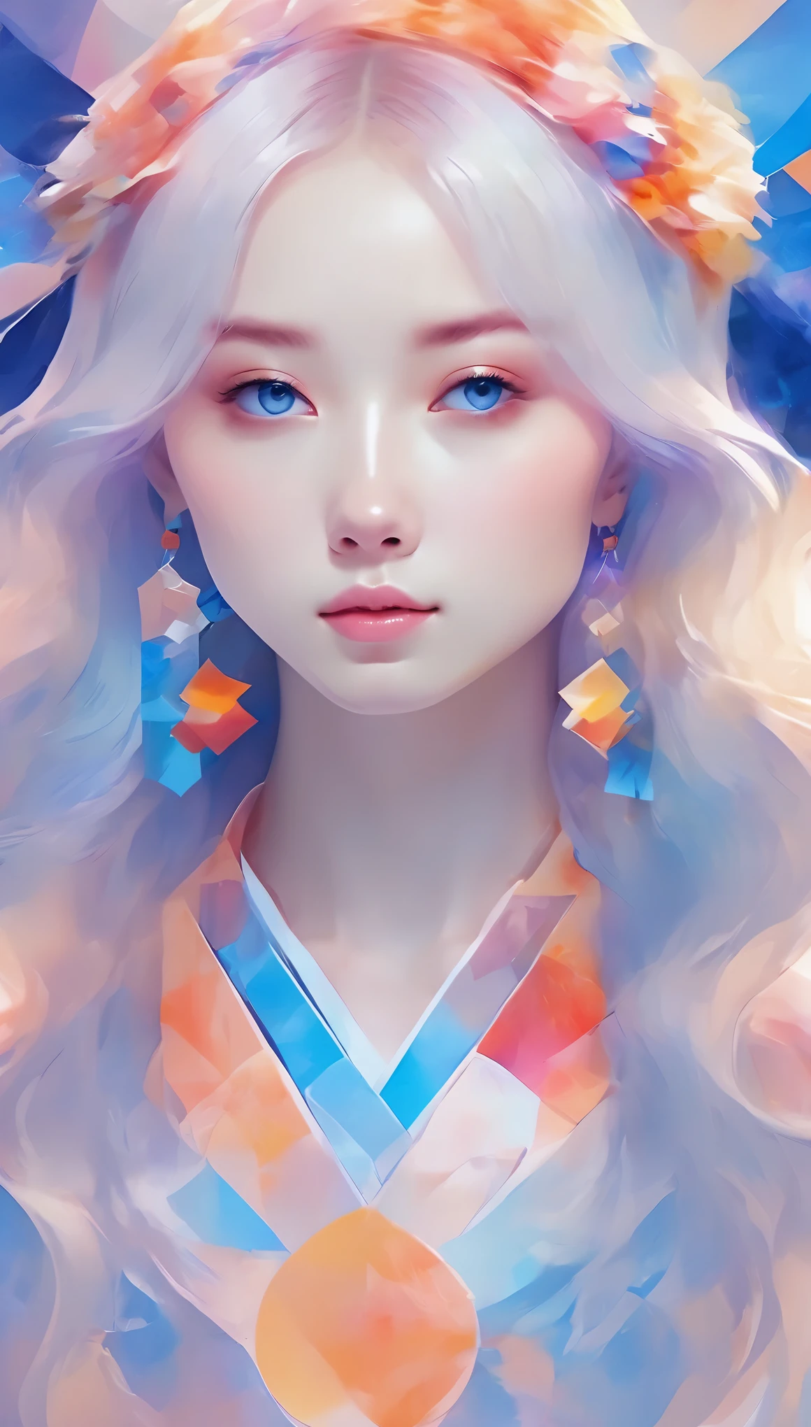 Seamless geometry,blank background,Geometric puzzle style,cute girl, shining eyes, , happiness,Lovely smile,flowing hair,Light blue geometric pattern yukata,周围有colorful geometric shapes,bright colors,Fireworks flashing in the background,colorful geometric shapes,eye-catching composition,abstract pattern,Geometric symmetry,Shocking visual impact,artistic interpretation,expressive brushstrokes,Translucent layer,Contrasting tones,Warm and cold light exposure,Ethereal and magical atmosphere,seductive and charming scene