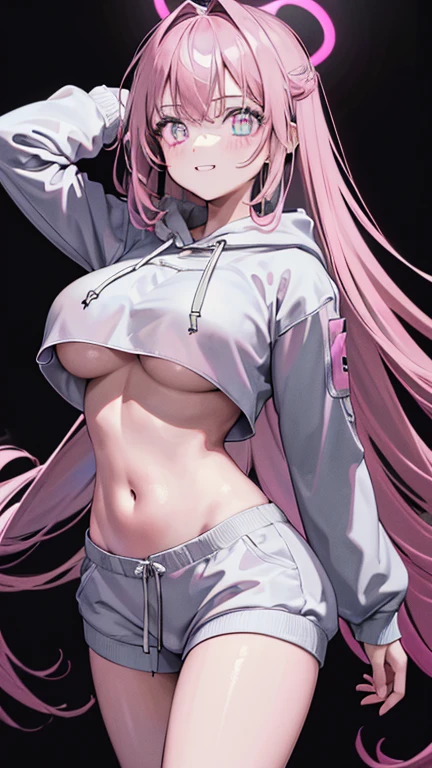 girl, (Lower bust:1.4),Large breasts droop、(ssmile:1.5),Colored inner hair,Long gray hair:1.5,Long unkempt hair:1.35,cabelos preto e longos,Complex hairstyles,(((neon_Pink_There are eyes:1.3))),complex eyes,Beautiful and delicate eyes,symetric eye)),(spider lower abdomen,Willow waist,Wide hips,athletic body build,inflatable legs,Detailed body), Cute big breasts,'s,((((cropped hoodie,)))), (dynamicposes:1.0),Just focus,Embarrassing,(Located in the center,Scale to fit the dimensions,the rule of thirds), Neon lights are particularly eye-catching, very bright neon light,during night, star night, kosmos, artsy photography,(Photos taken by sldr),A high resolution, Focus sharp, (realistic artwork:1.37),(extremely detaild's CG unified 8k wallpapers),((Synthetic wave background theme)),(((vibrant with colors))),iintricate,(intricate background),(tmasterpiece),(Best quality at best),It's a perfect face,Perfect facial detail,Realistic face,Live photos,analogue style,((Complicated details)),(((actual))),
