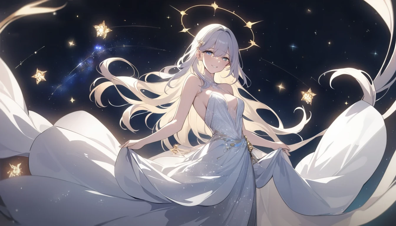StarSign,(masterpiece, best quality:1.2), 1girl, solo (intense, majestic, mythical), (sparkling eyes, radiant smile, flowing hair), celestial background, ethereal lighting, (elegant dress, flowing gown), (alluring, enchanting, confident), (stars, galaxies, constellations), (astrology, zodiac), magical vibes