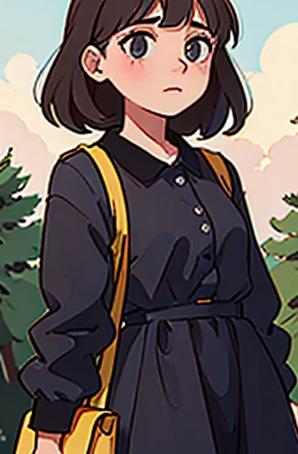 a girl standing in front of a tree wearing a simple dress