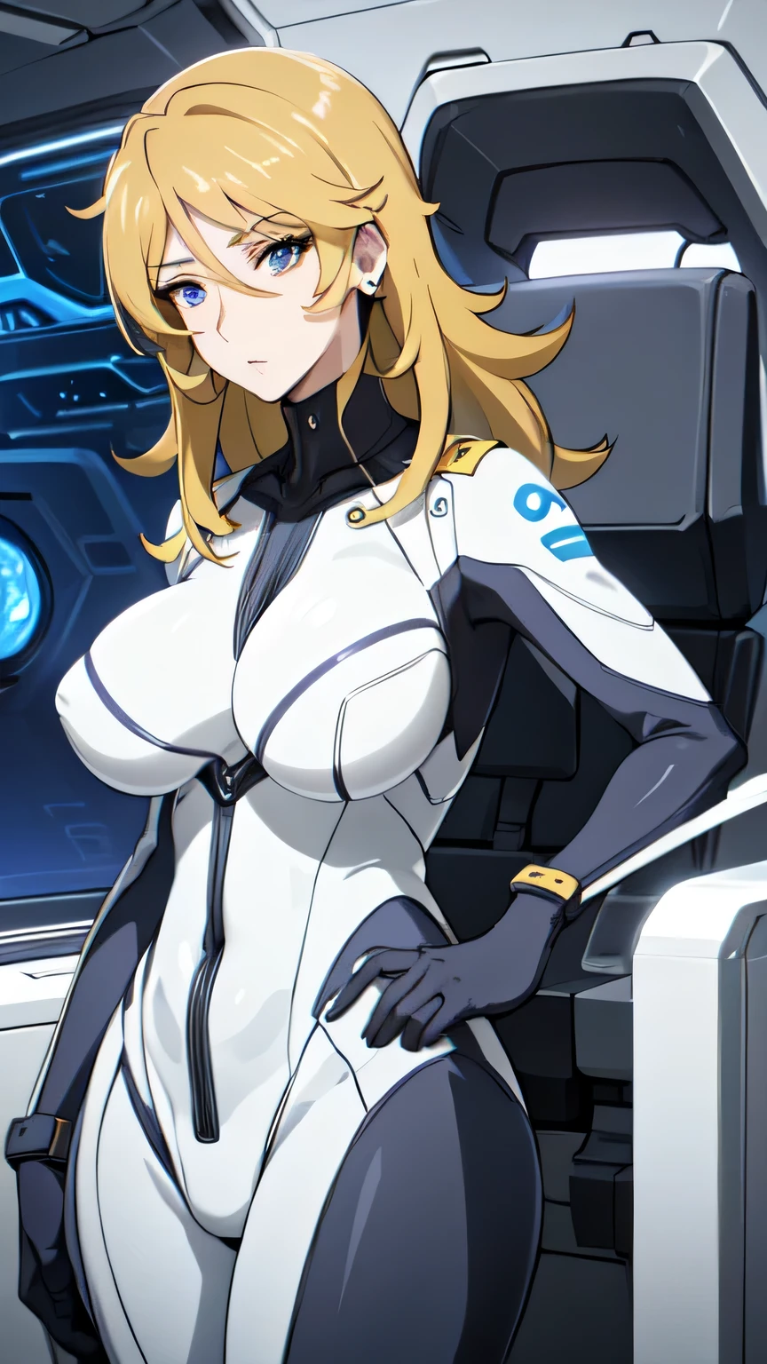 Milf, woman in a futuristic suit, highly detailed face, cool, mom, tomboy, very large breast, (Milf), mature face, (mature female), cybersuit, anime girl wearing tight suit, milfication, Elegant body, navel focus, naked body, gloves, earrings, science fiction, female protagonist, standing, volumetric light, detailed lighting, detailed textures, oppai cyberpunk, biomechanical oppai, masterpiece, best quality eyes, sci-fi background, futuristic landscape, low angle, chubby, (smooth surface), blonde hair, long blonde hair, (yellow body suit)