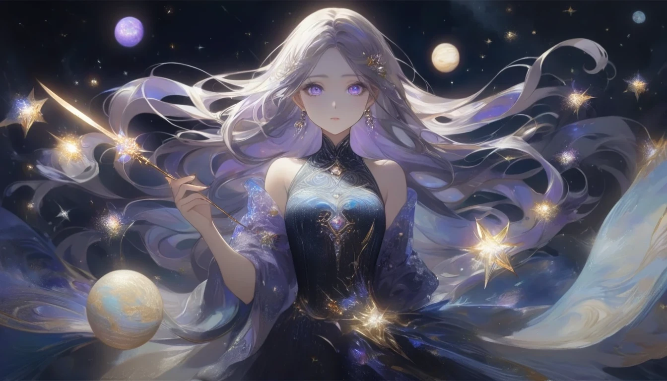 A girl with a mesmerizing stare, her eyes filled with shimmering galaxies. She stands tall under a midnight sky, surrounded by twinkling stars. Her long flowing hair cascades down her back like a waterfall of stardust. The girl wears an elegant gown that reflects the colors of the universe, with intricate patterns of constellations and planets. She holds a wand made of pure starlight, emitting a soft, ethereal glow. The girl exudes confidence and grace, as if she possesses the power of the cosmos. The artwork is a masterpiece, meticulously crafted with attention to every detail. The colors are vibrant and vivid, contrasting against the darkness of space. The lighting is perfectly balanced, casting a soft glow on the girl's face and illuminating the intricate details of her surroundings. The image is ultra-detailed, capturing every delicate brushstroke and creating a sense of realism. The overall art style is a mix of fantasy and realism, with a touch of surrealism. The color palette is filled with deep blues, purples, and hints of gold, creating a dreamlike atmosphere. The girl's expression is serene and enigmatic, leaving the viewer captivated and intrigued. This prompt ensures the creation of a high-quality, exquisite artwork depicting a captivating girl under the mystical beauty of the stars.