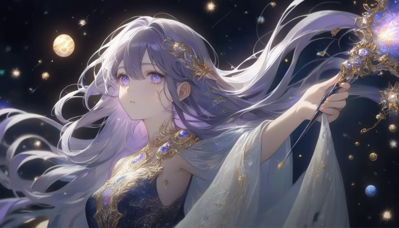 A girl with a mesmerizing stare, her eyes filled with shimmering galaxies. She stands tall under a midnight sky, surrounded by twinkling stars. Her long flowing hair cascades down her back like a waterfall of stardust. The girl wears an elegant gown that reflects the colors of the universe, with intricate patterns of constellations and planets. She holds a wand made of pure starlight, emitting a soft, ethereal glow. The girl exudes confidence and grace, as if she possesses the power of the cosmos. The artwork is a masterpiece, meticulously crafted with attention to every detail. The colors are vibrant and vivid, contrasting against the darkness of space. The lighting is perfectly balanced, casting a soft glow on the girl's face and illuminating the intricate details of her surroundings. The image is ultra-detailed, capturing every delicate brushstroke and creating a sense of realism. The overall art style is a mix of fantasy and realism, with a touch of surrealism. The color palette is filled with deep blues, purples, and hints of gold, creating a dreamlike atmosphere. The girl's expression is serene and enigmatic, leaving the viewer captivated and intrigued. This prompt ensures the creation of a high-quality, exquisite artwork depicting a captivating girl under the mystical beauty of the stars.