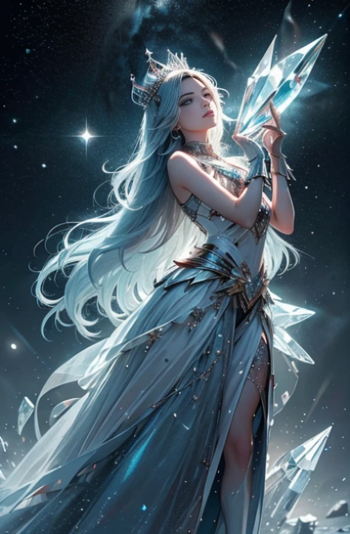 por favor, create a beautiful image image a beautiful crystal queen, give the image a bright light effect to enhance the crystal look, adicione reflexos coloridos ao redor do cristal, add stars and nebula background to make it more magical, give the image a bluish tone to enhance the ethereal look, make the queen in different poses, fotografia perfeita hiperdetalhada, hiperrealista, 3D, Cartoon, impainting, Cinematic, Alchemy, SLDX 1:0