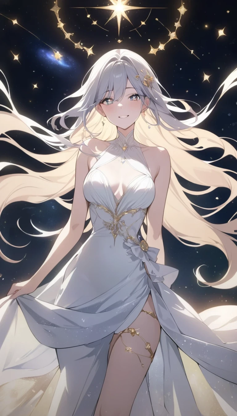 StarSign,(masterpiece, best quality:1.2), 1girl, solo (intense, majestic, mythical), (sparkling eyes, radiant smile, flowing hair), celestial background, ethereal lighting, (elegant dress, flowing gown), (alluring, enchanting, confident), (stars, galaxies, constellations), (astrology, zodiac), magical vibes