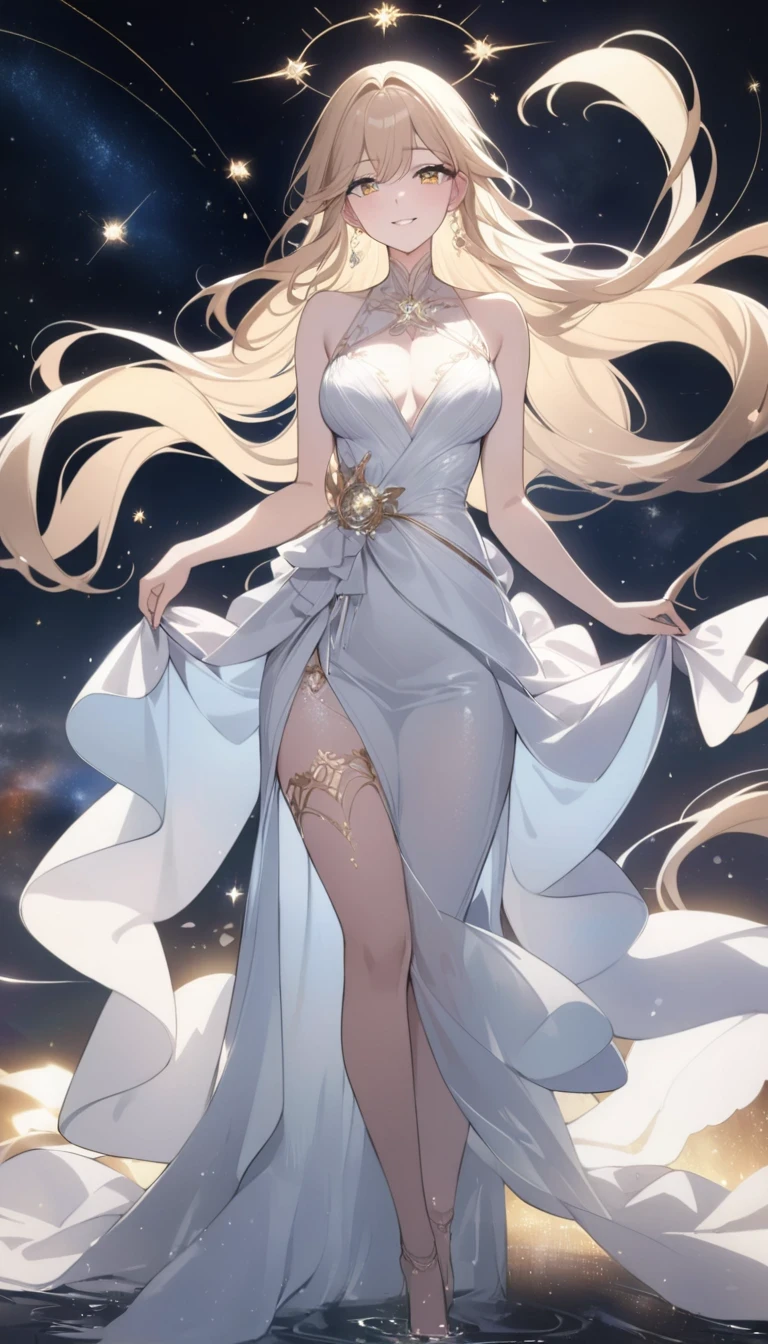 StarSign,(masterpiece, best quality:1.2), 1girl, solo (intense, majestic, mythical), (sparkling eyes, radiant smile, flowing hair), celestial background, ethereal lighting, (elegant dress, flowing gown), (alluring, enchanting, confident), (stars, galaxies, constellations), (astrology, zodiac), magical vibes