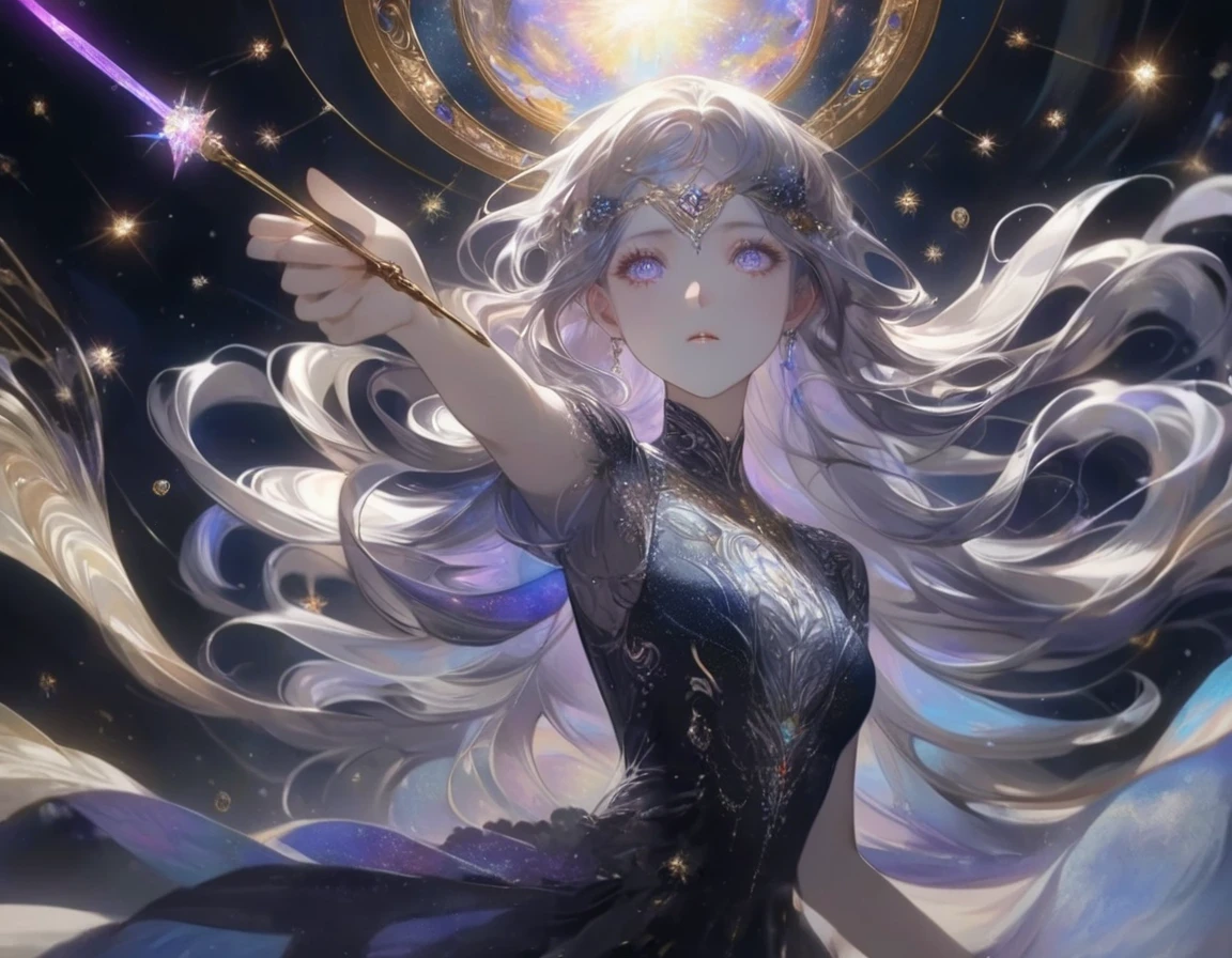 A girl with a mesmerizing stare, her eyes filled with shimmering galaxies. She stands tall under a midnight sky, surrounded by twinkling stars. Her long flowing hair cascades down her back like a waterfall of stardust. The girl wears an elegant gown that reflects the colors of the universe, with intricate patterns of constellations and planets. She holds a wand made of pure starlight, emitting a soft, ethereal glow. The girl exudes confidence and grace, as if she possesses the power of the cosmos. The artwork is a masterpiece, meticulously crafted with attention to every detail. The colors are vibrant and vivid, contrasting against the darkness of space. The lighting is perfectly balanced, casting a soft glow on the girl's face and illuminating the intricate details of her surroundings. The image is ultra-detailed, capturing every delicate brushstroke and creating a sense of realism. The overall art style is a mix of fantasy and realism, with a touch of surrealism. The color palette is filled with deep blues, purples, and hints of gold, creating a dreamlike atmosphere. The girl's expression is serene and enigmatic, leaving the viewer captivated and intrigued. This prompt ensures the creation of a high-quality, exquisite artwork depicting a captivating girl under the mystical beauty of the stars.