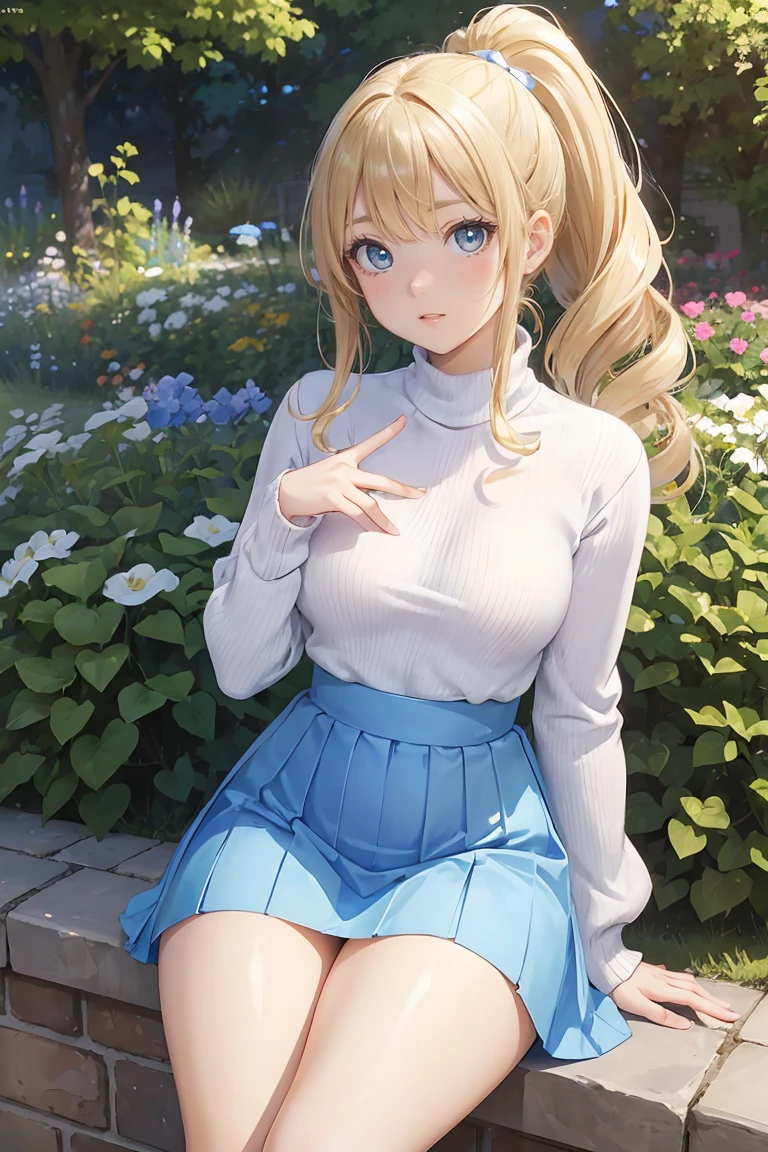 (masterpiece:1.2), (highest quality:1.2),, Curvy but slender body, perfect eyes, perfect face, perfect lighting, 1 girl, in the garden, (sexy pose),(ribbon),(knitted sweater),(full body shot),(ponytail),(cute gesture),curly hair, fine clothes, detailed outdoor background, compensate, eye shadow, thick eyelashes, fantasy, looking at the viewer, whole body、blue sky、Bright and very beautiful face、young shiny glossy white shiny skin、the best beauty、the most beautiful bright blonde hair in the world、thin hair、long hair、Shining beautiful bangs、big shining blue eyes、Very beautiful and lovely 30 years old, the most beautiful adult in the world、small breasts