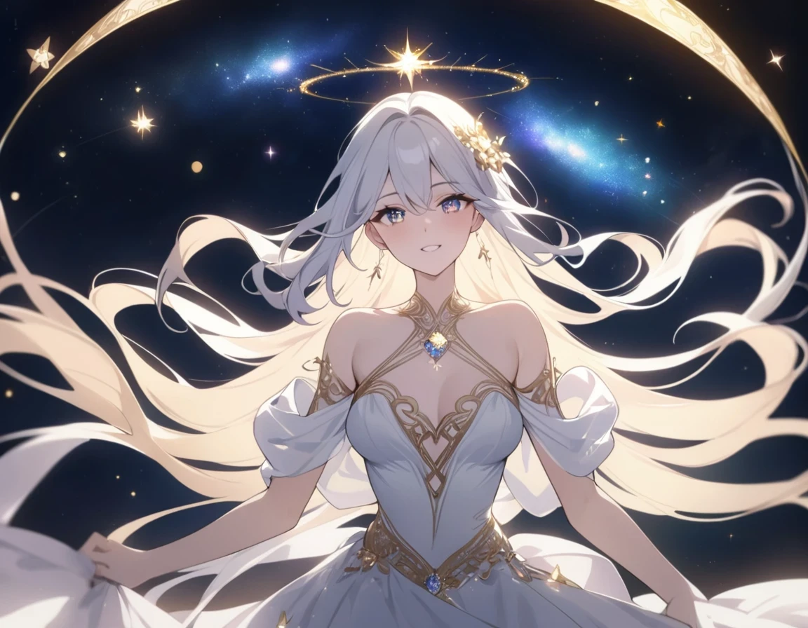 StarSign,(masterpiece, best quality:1.2), 1girl, solo (intense, majestic, mythical), (sparkling eyes, radiant smile, flowing hair), celestial background, ethereal lighting, (elegant dress, flowing gown), (alluring, enchanting, confident), (stars, galaxies, constellations), (astrology, zodiac), magical vibes