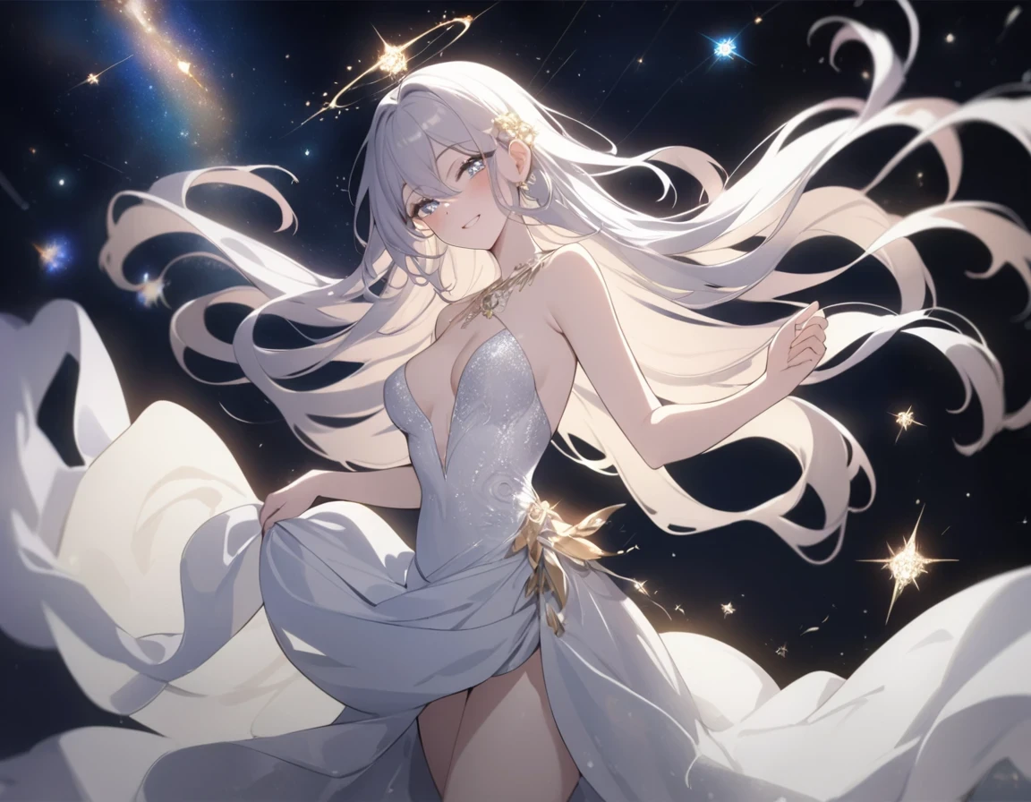 StarSign,(masterpiece, best quality:1.2), 1girl, solo (intense, majestic, mythical), (sparkling eyes, radiant smile, flowing hair), celestial background, ethereal lighting, (elegant dress, flowing gown), (alluring, enchanting, confident), (stars, galaxies, constellations), (astrology, zodiac), magical vibes