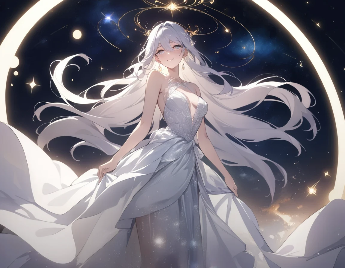 StarSign,(masterpiece, best quality:1.2), 1girl, solo (intense, majestic, mythical), (sparkling eyes, radiant smile, flowing hair), celestial background, ethereal lighting, (elegant dress, flowing gown), (alluring, enchanting, confident), (stars, galaxies, constellations), (astrology, zodiac), magical vibes