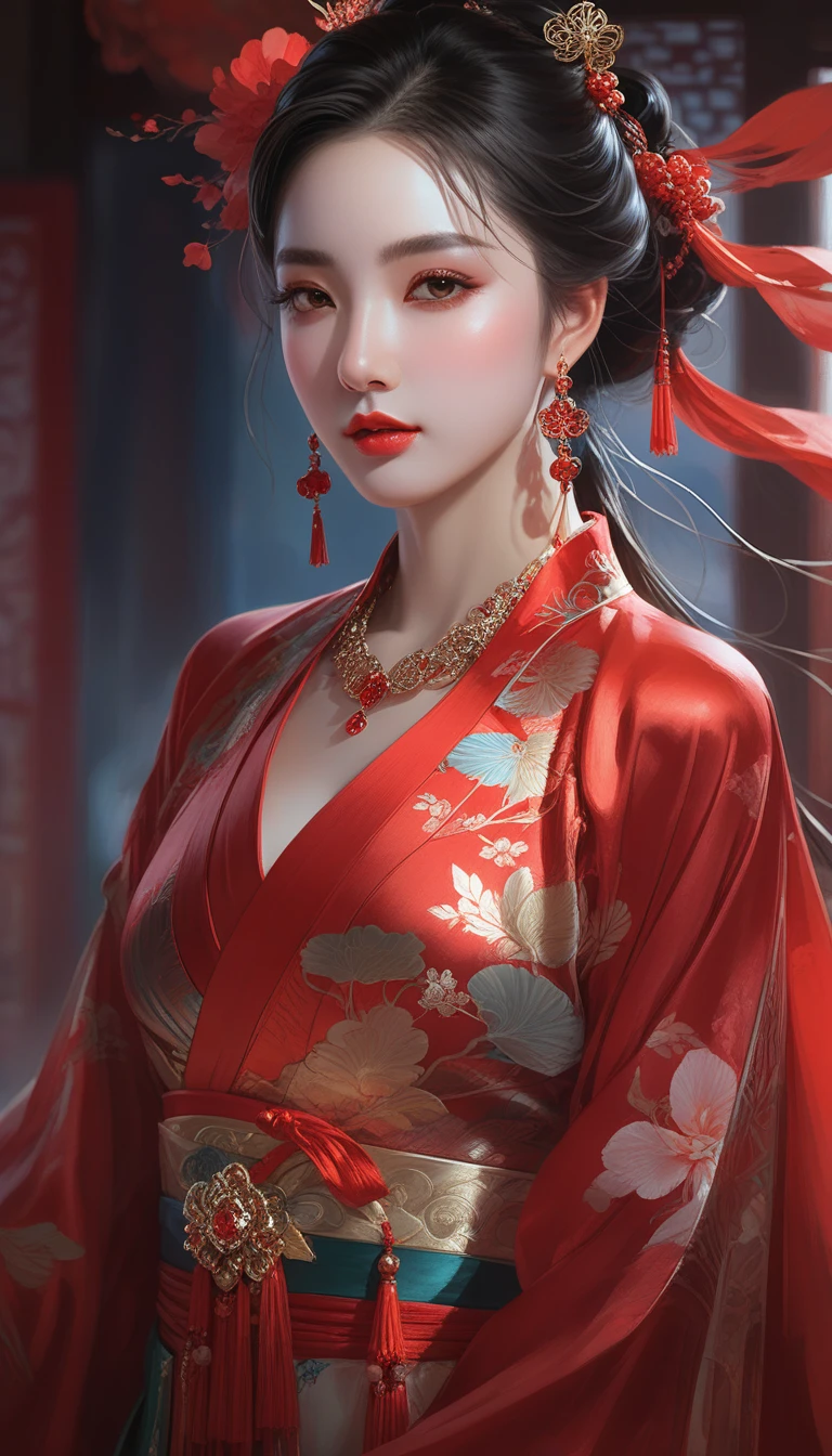 a close up of a woman wearing a red dress and a tia, palace , a girl in hanfu, ((a beautiful fantasy empress)), a beautiful fantasy empress, beautiful character painting, guweiz, artwork in the style of guweiz, chinese style, trending on cgstation, ancient chinese princess, inspired by Lan Ying, chinese princess
