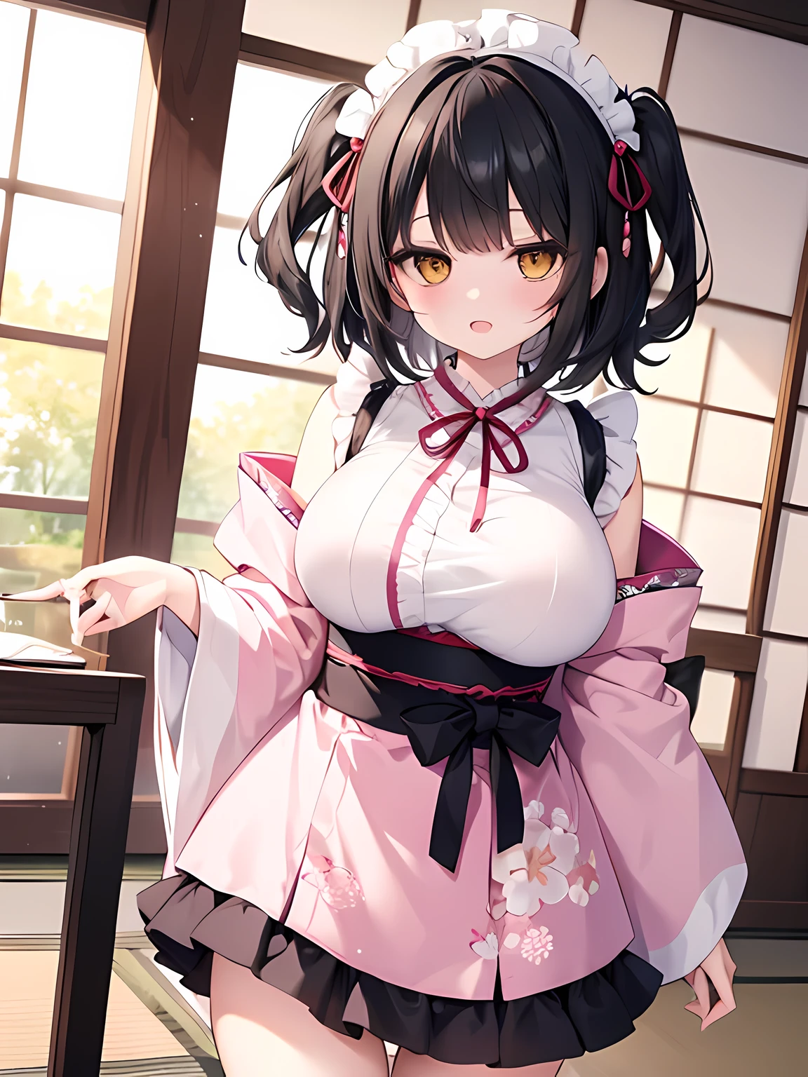 master piece,best quality,(super detail),perfect writing, Highly detailed CG,Super detailed,(highly detailed eyes,very cute face,highly detailed face:1.3),beautiful anime girl,(solo girl),(super huge breasts:1.5),(black hair,short hair,2 side up:1.7),(big yellow eyes:1.5),(low length),jitome,(smile full of joy),open your mouth,break,(Light pink Japanese style maid,Floral kimono,),maid headdress,bell sleeve,off shoulder,Japanese modern cafe,tatami room,Shoji,Are standing,dynamic pose,dynamic angle,(cowboy shot)