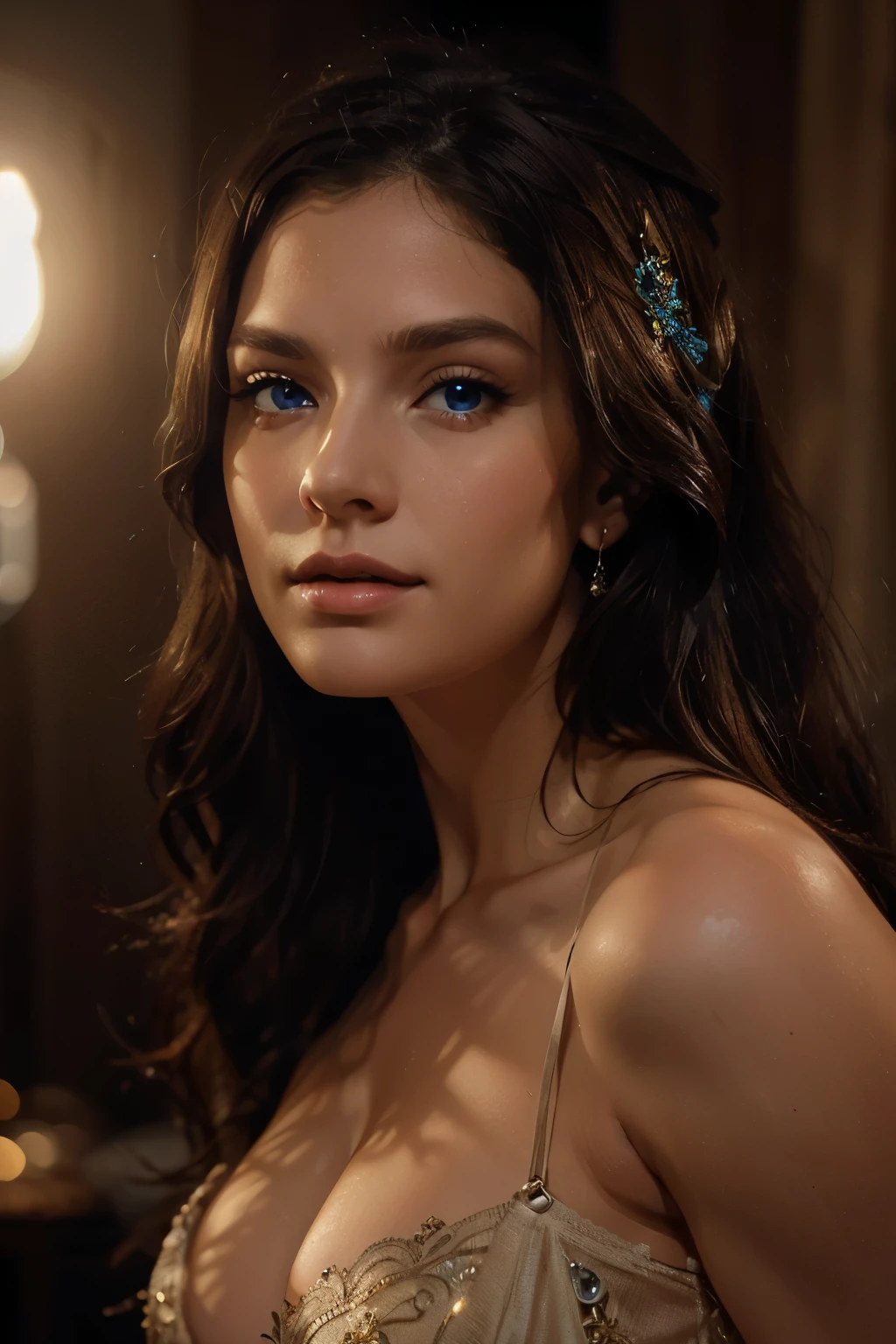 alluring portrait, intricate, highly detailed, digital painting, artstation, concept art, naughty, sharp focus, cinematic lighting, illustration, art by artgerm and greg rutkowski, alphonse mucha, cgsociety,8k, highest quality, masterpiece, final fantasy style, unRealistic, photoRealistic , Dreamy landscape, Fantasy, Unsurreal landscapes, Super detailed, Flying Castle, Floating Island in the Sky, Seven-colored swirl of light, Intense lightning, nebulas ,Complex Light, Colored light, Large Lake, Starry sky reflected on the lake surface, Countless shining stars, Meteors, Reflections , A pillar of light emanated from the ground, roses and orchids gardens , sunset, pink clouds, waterfall in the sky, realistic style, Hyperrealism drawing, a flying pirate spaceship floating at the clouds level, burning skyscrapers, cyborgs, timeless realms , circlet, sideless, backless, alluring full body shot stylized by Jeremy Mann, Rule of Thirds,Wide view, Fearful, natural Colors, hot but scary, womanly, beautiful mesmerizing face and nose, pink lipstick, blue eyes, Gothic style red transparent short gown, expensive accessories, beautiful legs, naughty unique poses, masterpiece, beautiful mesmerizing symmetrical blue eyes, naughty cute smile, fit body,, realistic, hyperrealism, lifelike photography, long brunette hair, smiling,bright light on face ,frontlighting, gown,golden necklaces,golden brochures, beautiful dark blue eyes ,professional makeup, pink lipstick,, realistic, , beautiful mesmerizing faces reflecting from the dark horizon, nebulas and stars at the horizon, dark blue beautiful symmetric eyes ,perfect eyes,extremely detailed face, lifelike photography, ultra high detailed,naughty smile ,high quality ,alluring beauty full body shot, gorgeous Russian girl, awesome action photos, realistic, hyperrealism, fantasy , beautiful fit body, beautiful legs, golden ratio, stunning Blondie girl