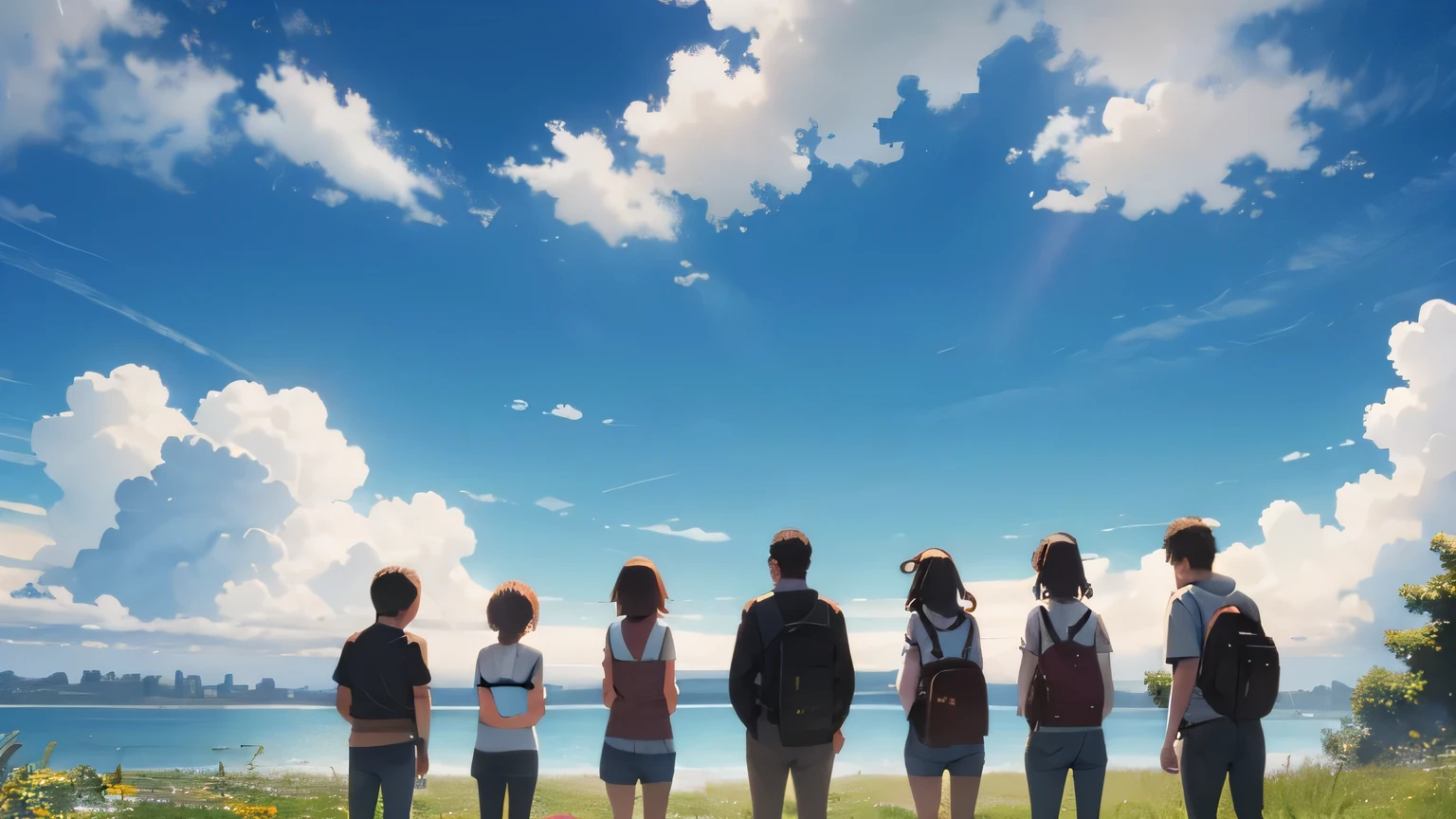 A large number of men and women in their 20s、Looking at each other and laughing、Background is summer sky and clouds