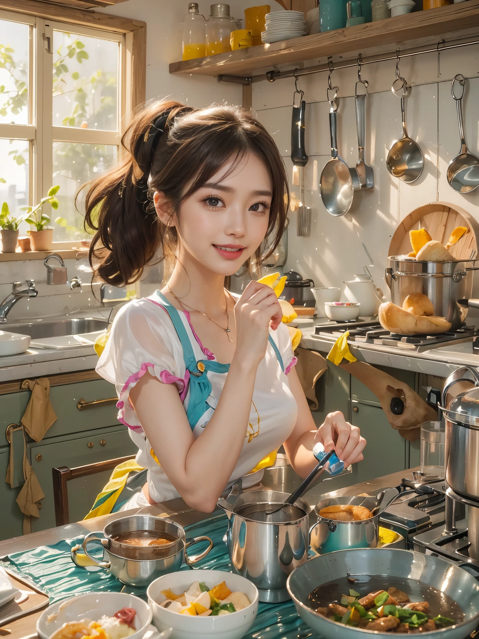 8k, masterpiece, RAW photo, best quality, photorealistic, extremely detailed CG unity 8k wallpaper, Depth of field, Cinematic Light, Lens Flare, Ray tracing, (extremely beautiful face, beautiful lips, beautiful eyes), intricate detail face, ((ultra detailed skin)) 1girl, ((Beautiful Silky satin Violet T-shirt )), ((Beautiful Silky satin Violet Above knee length skirt)), in the dark, deep shadow, pretty korean girl, kpop idol, 1 girl, (very slim slender fit-muscled body:1.3), ((looking at viewer)),(big smile:1.3), (fashion city night, dark night, (neon sign), (blurred background), fashion street night),(without people in the background:1.3), beautiful earrings, bracelets, necklace, pantyhose, clear eyes, (pale skin), (big eyes), face forward, ((upper body shot)), (looking at viewer:1.3) very slim, medium breasts, (Ultra-realistic, gazing at viewer), (hight resolution), (8K), (ighly detailed), (Brown hair, short-hair), (Show the navel), (Slim body)