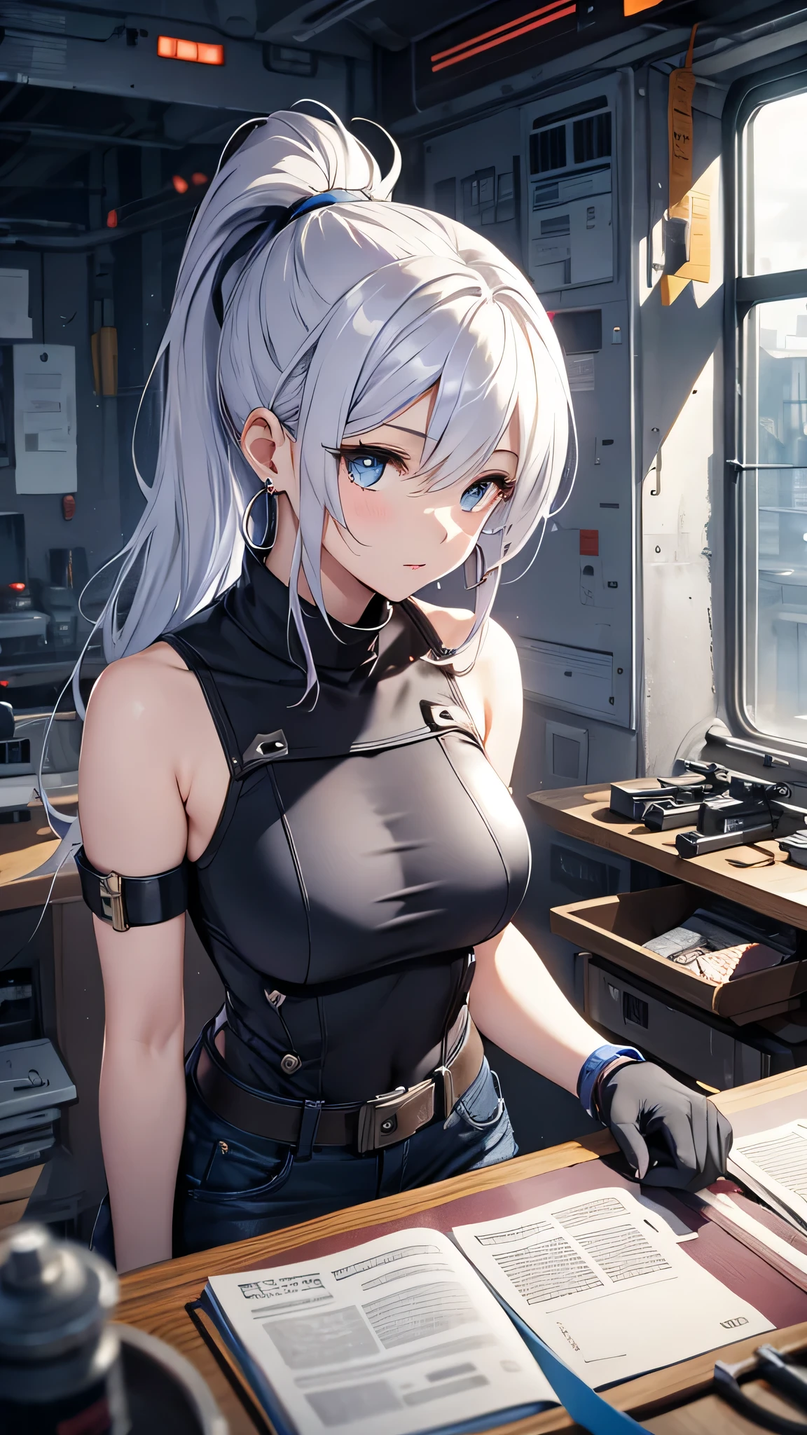 最high quality、best image quality、masterpiece、girl((18-year-old、 By becoming、vest bust、medium bust,wide open breast tea、shining eyes, silver hair、ponytail、long hair、thin,highest valley、white tank top、blue pants、Wristband、Holding a handgun、ruby earrings、squat、hold a gun)),high quality、beautiful art、background((Dark Research Facility、broken wall、warning mark、electricity))、Flight、debris flies、Depth of written boundary、movie、visual art、perfect art、8K,genuine、