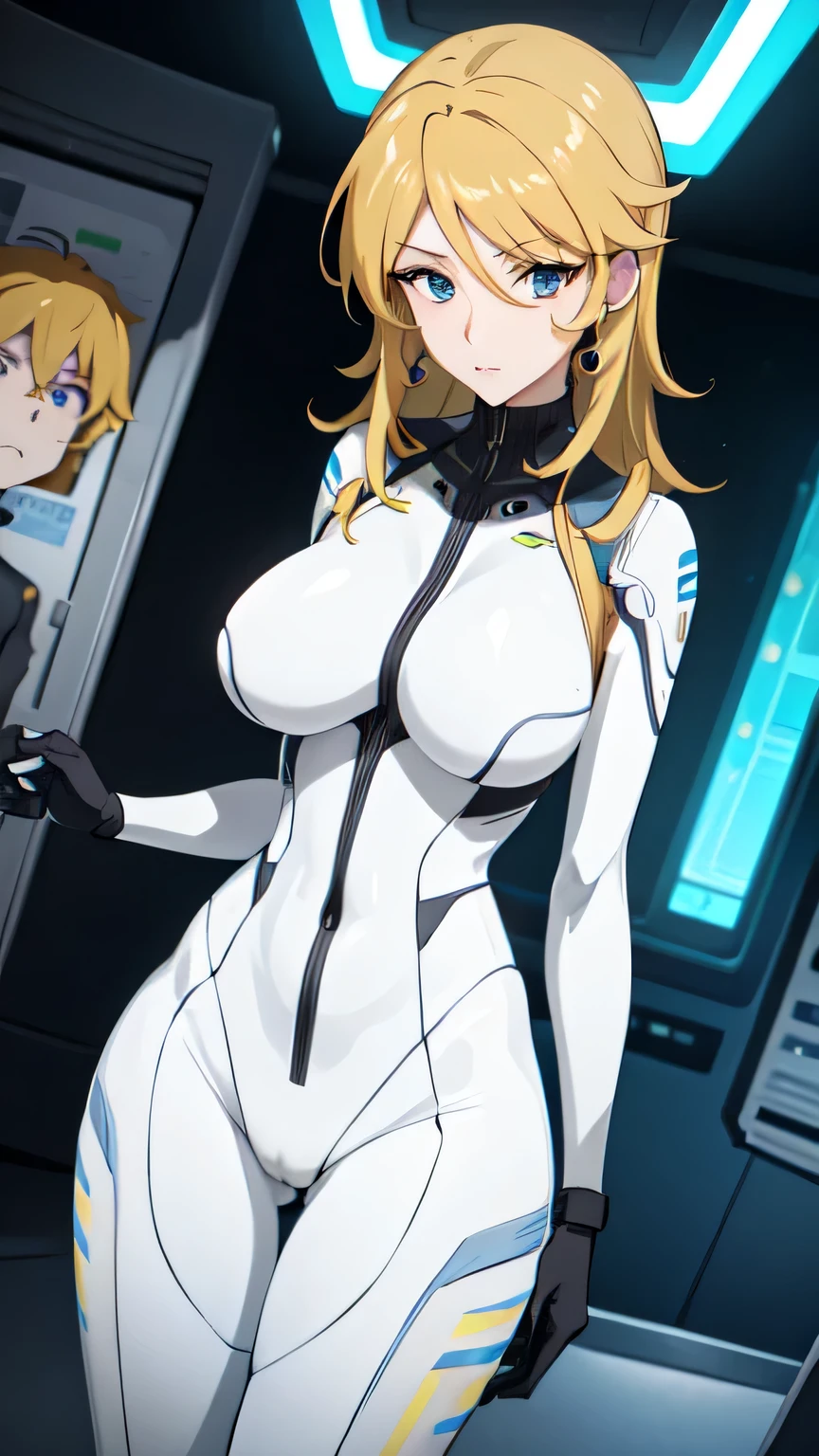 Milf, woman in a futuristic suit, highly detailed face, cool, mom, tomboy, very large breast, (Milf), mature face, (mature female), cybersuit, anime girl wearing tight suit, milfication, Elegant body, navel focus, naked body, gloves, earrings, science fiction, female protagonist, standing, volumetric light, detailed lighting, detailed textures, oppai cyberpunk, biomechanical oppai, masterpiece, best quality eyes, sci-fi background, futuristic landscape, low angle, chubby, (smooth surface), blonde hair, long blonde hair, (yellow body suit)