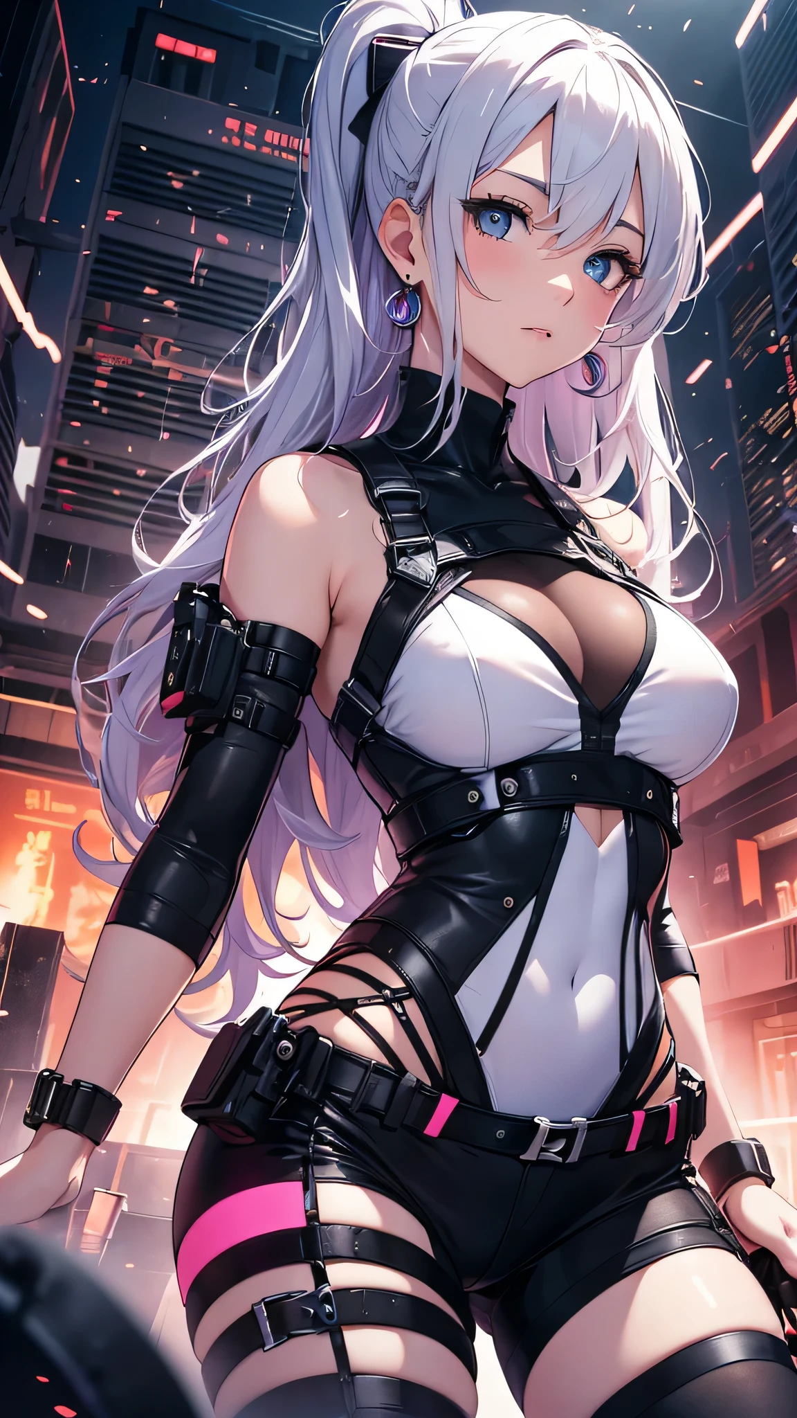 最high quality、best image quality、masterpiece、girl((18-year-old、 By becoming、vest bust、medium bust,wide open breast tea、shining eyes, silver hair、ponytail、long hair、thin,highest valley、white tank top、blue pants、Wristband、Holding a handgun、ruby earrings、squat、hold a gun)),high quality、beautiful art、background((Dark Research Facility、broken wall、warning mark、electricity))、Flight、debris flies、Depth of written boundary、movie、visual art、perfect art、8K,genuine、