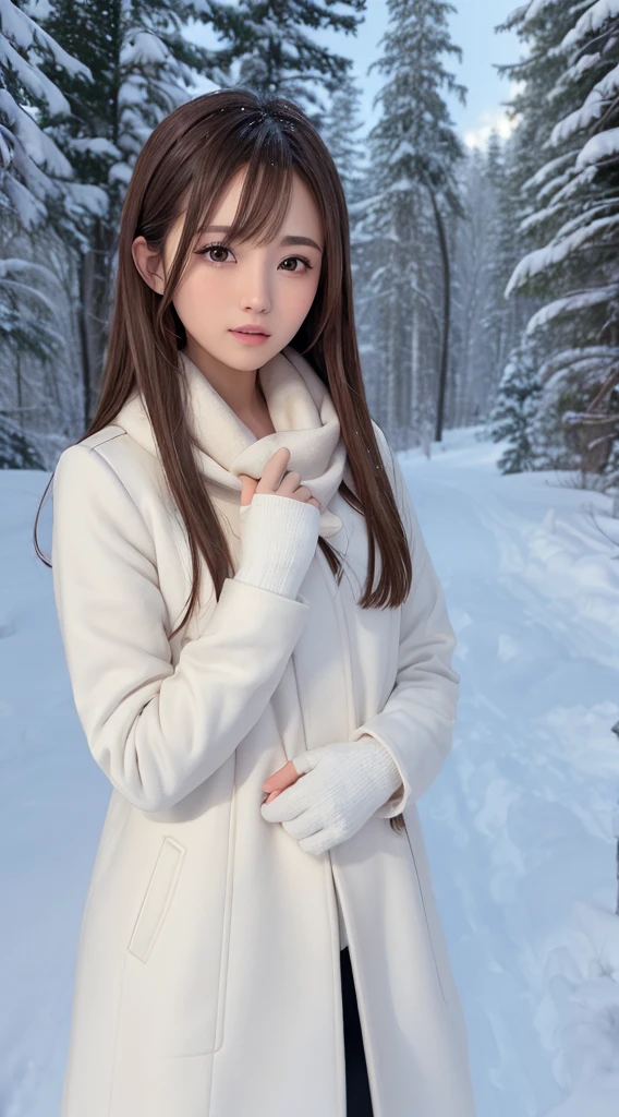 1womanl, up of face, light brown hair, Blunt bangs, hair behind ear, hair over shoulder, Long hair, slender body shape, Ultra Fine Face, Thin face, Delicate lips, Beautiful eyes, thin blush, eyes are light brown,View here, Ultra-thin hands, Ultra-fine fingers, best ratio four finger and one thumb, (realisitic:1.3), white longcoat, muffler , gloves、Coniferous forest with heavy snowfall, It's snowing  .One-person viewpoint,  8K, masutepiece, nffsw, Super Detail, High quality, Best Quality, hight resolution,