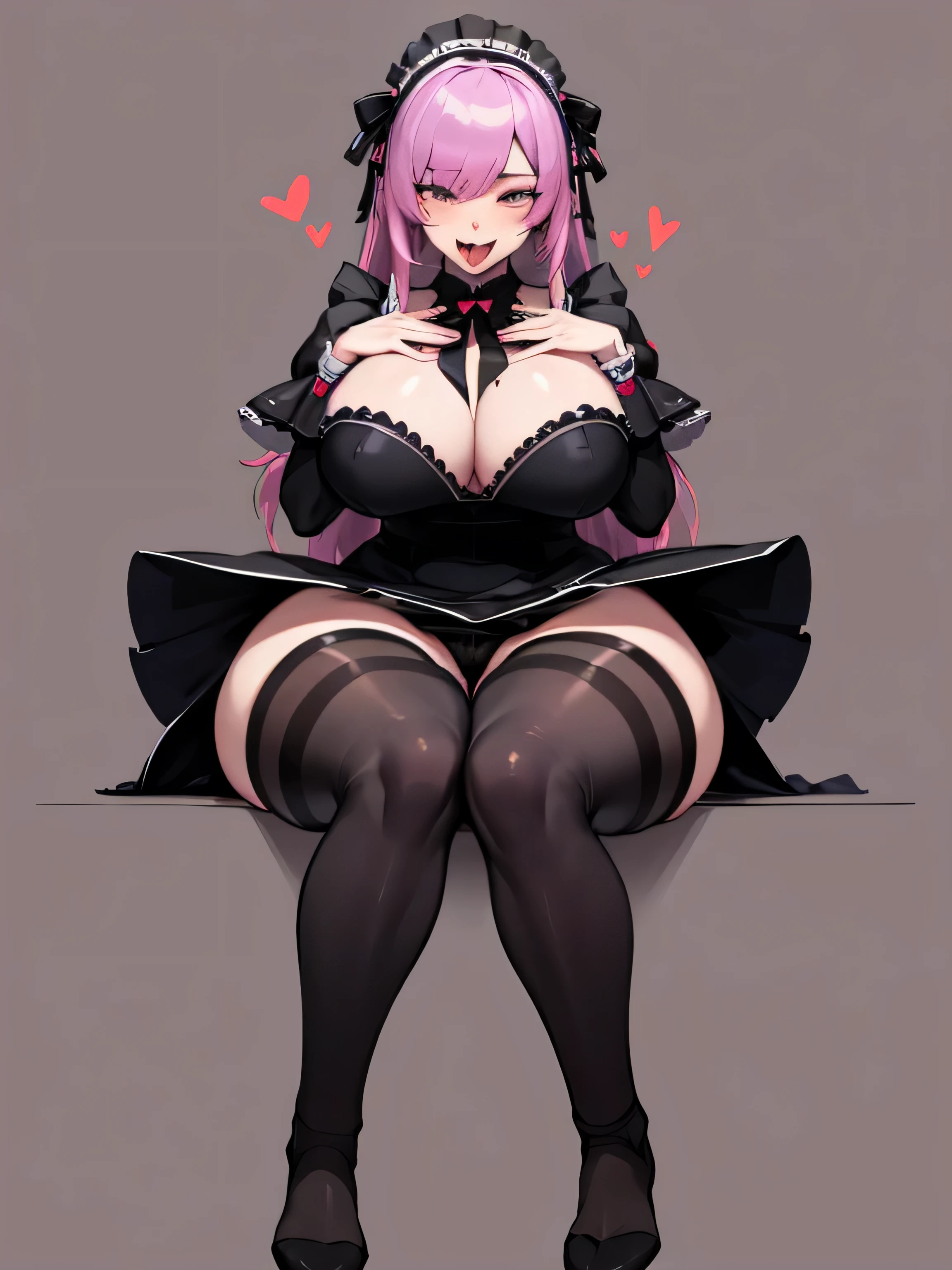 One girl, ,detaled bare feets, tongue out, dark goth, dark maid outfit, expressive makeup, big tights and ass, stockings, big breasts, dynamic sexy sitting pose,yandere expression, full clothes,heart fingers guesticule 