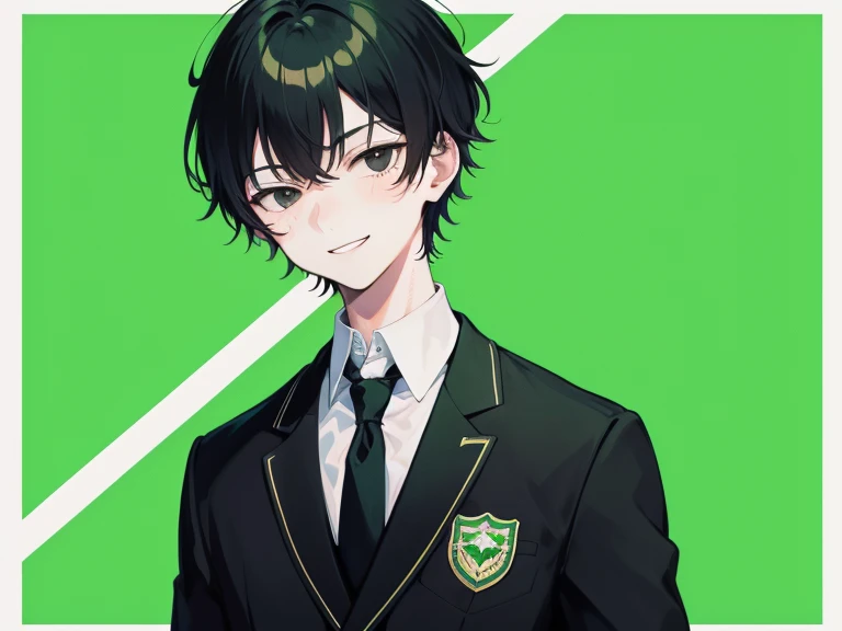 ((green background)), (long shot), (shot from the front), (smiling), 1 boy, (white school uniform), short hair, black hair, black eyes, high school student, tall, serious face, tie