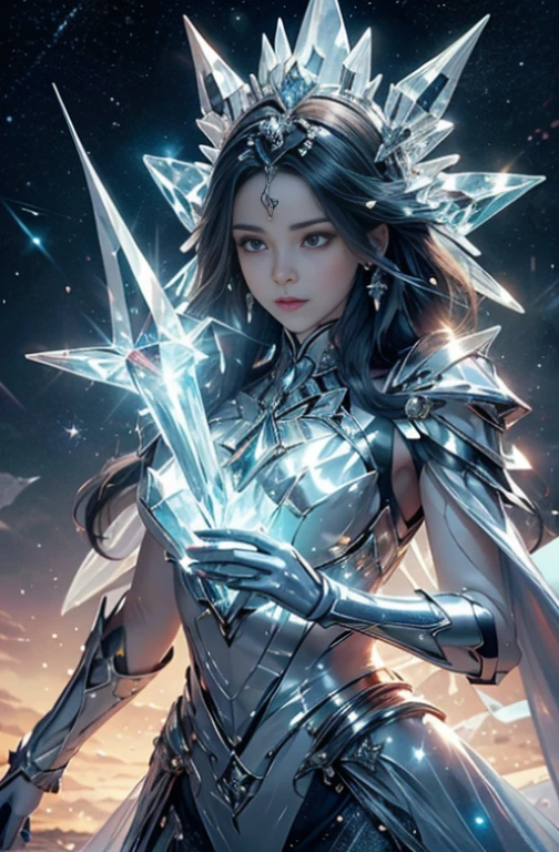 Por favor, crie uma bela imagem imagem uma linda rainha de cristal, give the image a bright light effect to enhance the appearance of the crystal, adicione reflexos coloridos ao redor do cristal, add stars and nebula background to make it more magical, give the image a bluish tint to enhance the ethereal appearance, make the queen in different poses, fotografia perfeita hiperdetalhada, hiperrealista, 3D, desenho animado, pintura, Cinematic, Alquimia, SLDX 1:0