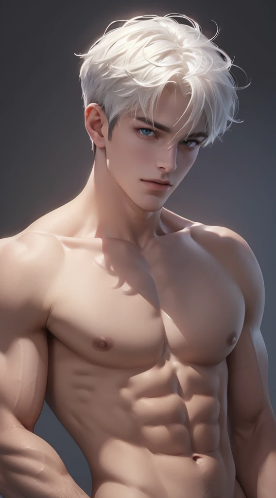 Full body photorealistic 4k, Jack Frost,high resolution, best quality, masterpiece, perfect color, perfect shade, perfect lighting, Posted by e621, ((portrait)), ((Very handsome man)), perfect male figure, Short hair details，chest muscles，abdominal muscles，Nakedness nudeness torso，Detailed face, perfect face, (stood up), Detailed background, ((Bonifasco Lighting)), (delicate eyes),),white hair