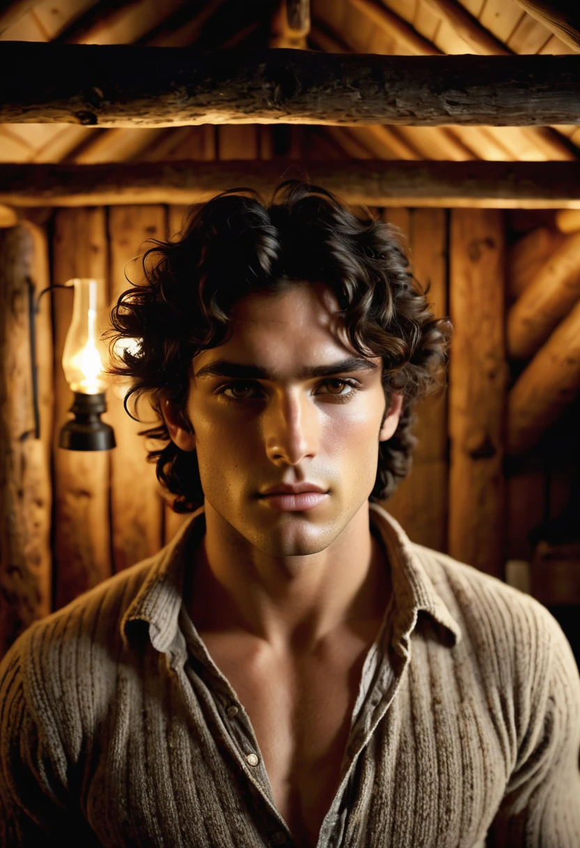 (highly detailed, soft light, photorealistic, dynamic light; cinematic); victorian era; 1820s; 24 years old man; Greek; 1820s Anglican priest; incredibly attractive; dark and brooding; masculine yet beautiful; seductive longing stare; desirous expression; Adonis; moody; intense; hooked Greek nose; sensual; amorous air; very attractive; lean figure; olive skin; stubble; hazel-green eyes; thick strong dark-brown eyebrows; long full sideburns; 1820s brown woolen work clothes, unbuttoned; naked chest with dark-brown body hair; short tousled dark-brown wavy hair; full luscious moist lips, parted; mouth slightly open; standing in a cosy 1820's log cabin with a bed and oil lamps in the background; looking at camera