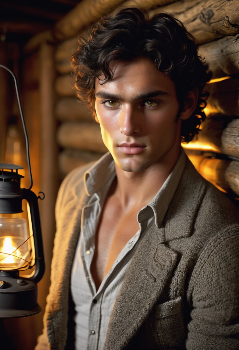 (highly detailed, soft light, photorealistic, dynamic light; cinematic); victorian era; 1820s; 24 years old man; Greek; 1820s Anglican priest; incredibly attractive; dark and brooding; masculine yet beautiful; seductive longing stare; desirous expression; Adonis; moody; intense; hooked Greek nose; sensual; amorous air; very attractive; lean figure; olive skin; stubble; hazel-green eyes; thick strong dark-brown eyebrows; long full sideburns; 1820s brown woolen work clothes, unbuttoned; naked chest with dark-brown body hair; short tousled dark-brown wavy hair; full luscious moist lips, parted; mouth slightly open; standing in a cosy 1820's log cabin with a bed and oil lamps in the background; looking at camera