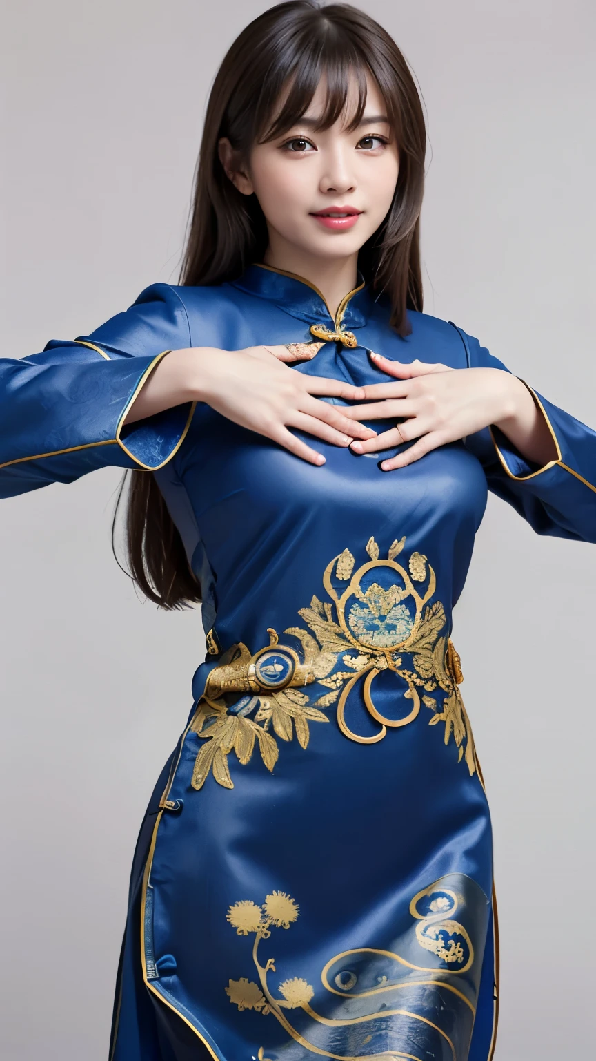 highest quality, masterpiece, 8k, ultra high resolution, (realistic: 1.4), 1 girl, beautiful face, symmetrical eyes, big, perfect body proportions, ((long hair、bangs))、((brown hair)), woman、((blue cheongsam:1.4)), ((hide your hands behind your back:1.5)), the gaze of the beholder, ((Chinese restaurant、blurred background)), look at camera、friendly smile、seems kind、cowboy shot
