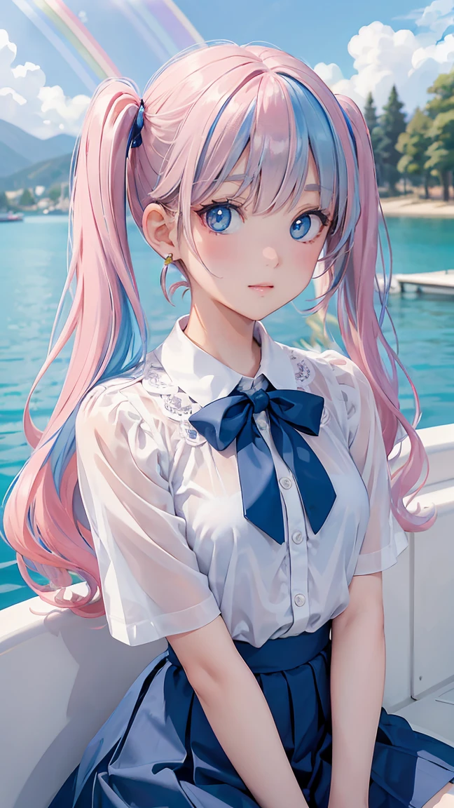 (masterpiece:1.2), (highest quality:1.2),, Curvy but slender body, perfect eyes, perfect face, perfect lighting, 1 girl,(rainbow colored hair, colorful hair, Half blue、half pink hair: 1.2),  cherry blossoms、 Glasses、（cute shirt），（whole bodyが見える），spring、（painted on steel、Transparent sexy clothes、polka dots、lace skirt），curly hair, Clothes with short sleeves, 、on the boat、, compensate, eye shadow, small breasts、thick eyelashes, fantasy, looking at the viewer, whole body，alice in wonderland、blue sky、Bright and beautiful face、young shiny glossy white shiny skin、the best beauty、the most beautiful in the world、thin hair、long hair、Shining beautiful bangs、big shining blue eyes、very beautiful and lovely 8 year old, the most beautiful girl in the world、twin tails、銀色Glasses、a disappointed face、Waiting for a kiss