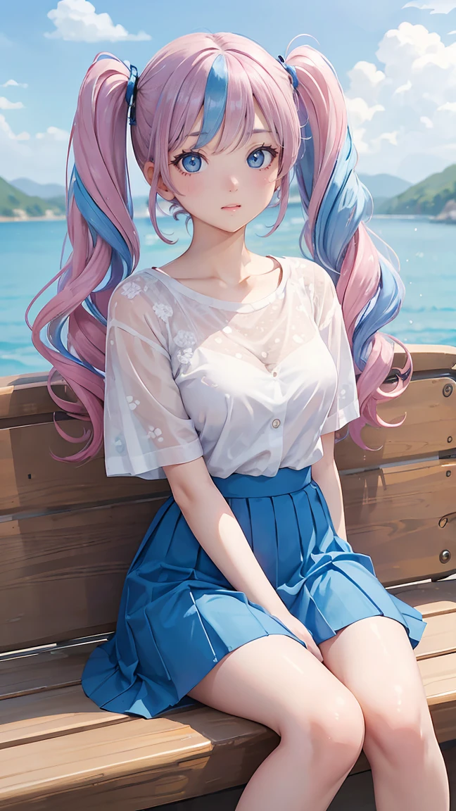 (masterpiece:1.2), (highest quality:1.2),, Curvy but slender body, perfect eyes, perfect face, perfect lighting, 1 girl,(rainbow colored hair, colorful hair, Half blue、half pink hair: 1.2),  cherry blossoms、 Glasses、（cute shirt），（whole bodyが見える），spring、（painted on steel、Transparent sexy clothes、polka dots、lace skirt），curly hair, Clothes with short sleeves, 、on the boat、, compensate, eye shadow, small breasts、thick eyelashes, fantasy, looking at the viewer, whole body，alice in wonderland、blue sky、Bright and beautiful face、young shiny glossy white shiny skin、the best beauty、the most beautiful in the world、thin hair、long hair、Shining beautiful bangs、big shining blue eyes、very beautiful and lovely 8 year old, the most beautiful girl in the world、twin tails、銀色Glasses、a disappointed face、Waiting for a kiss