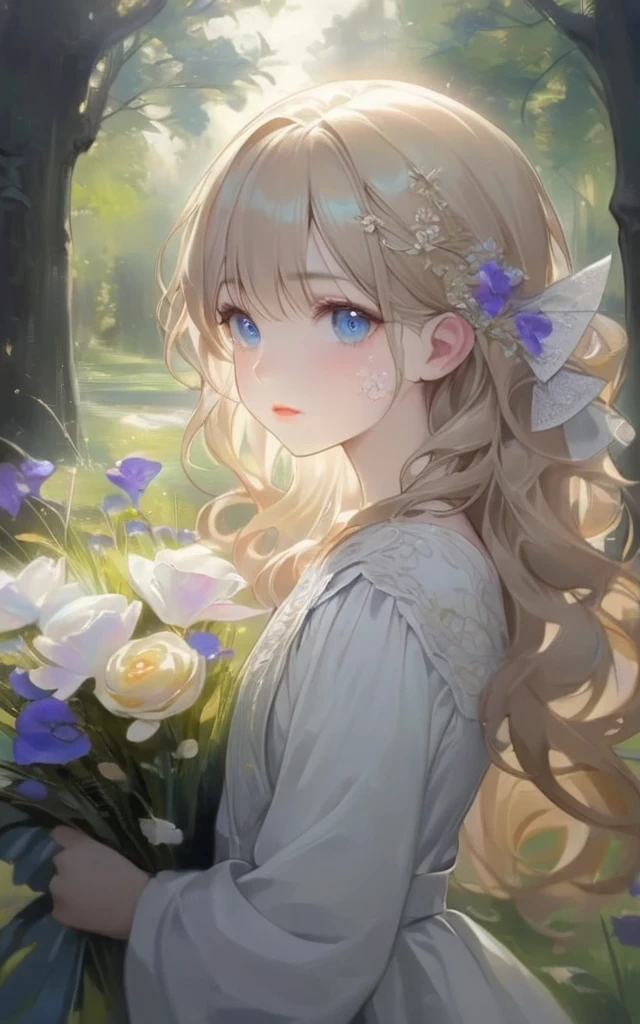 A girl with stunning blue eyes, curly blonde hair, and rosy cheeks stands alone in a beautiful garden. The garden is filled with lush green grass, vibrant flowers in various colors, and tall trees that provide shade. The sunlight filters through the leaves, casting a soft glow on the girl's face. She is wearing a flowing white dress that gently sways in the breeze. Her hand delicately holds a bouquet of wildflowers, adding a pop of color to the scene.

The artwork is created using traditional oil painting techniques, highlighting every intricate detail of the girl's eyes, lips, and face. The brushstrokes are masterfully applied, adding depth and dimension to the painting. The colors are vivid and vibrant, with a wide range of hues that bring the image to life. The overall composition is balanced and visually striking.

The painting is of the highest quality, with impeccable attention to detail. It is a masterpiece that captures the beauty and innocence of the girl in the garden. The final artwork is a high-resolution image, allowing viewers to appreciate the nuances and textures of the brushwork. The lighting in the painting is carefully crafted to create a warm and inviting atmosphere, exuding a sense of tranquility and serenity.

The artwork is inspired by portraits and captures the essence of the girl's personality and emotions. The combination of realism and artistic interpretation creates a captivating image that draws the viewer in. The color palette used in the painting is a mix of soft pastels and vibrant hues, creating a dreamlike and enchanting ambiance.

Overall, the prompt captures a magical moment in nature, showcasing the beauty of a solitary girl in a garden. The detailed description of the girl's features, the use of oil painting medium, and the emphasis on high image quality all contribute to the creation of a stunning artwork. The prompt invokes a sense of wonder, beauty, and tranquility, making it an ideal starting point for Stable Diffusion to ge