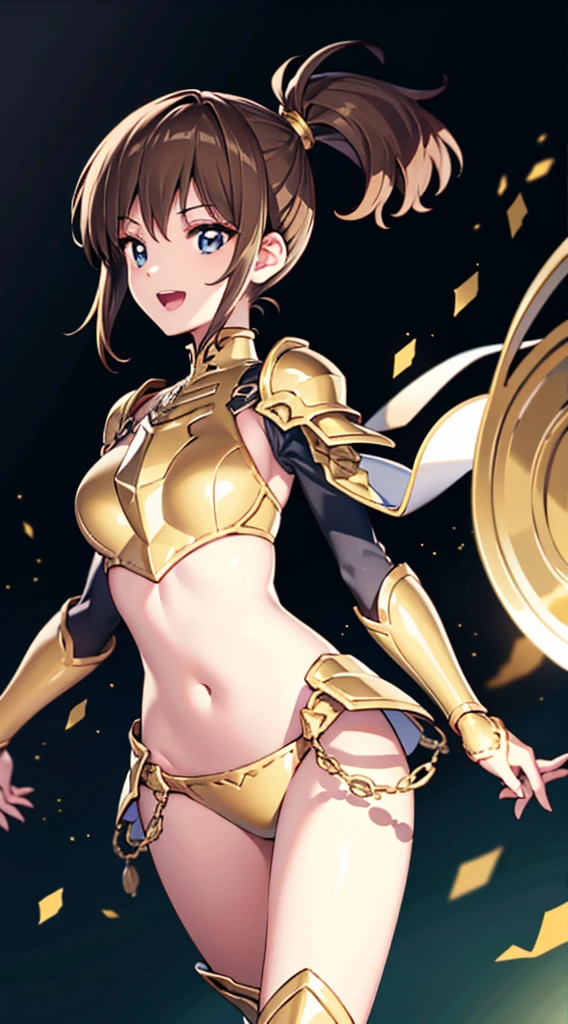 (1 girl,alone) ,fantasy, High resolution, 19 Private, original, (waist sheath:1.3), smile with open mouth, , short hair, medium breasts, view viewer, bangs ,Hazel eye detail, , put your hand on your chest,(brown hair,short ponytail hair:1.5), ,short hair, Are standing,straight, Avec,(Full body Esbian:1.1), white thighs,(Avec:1.4),Close-up portrait of a woman in gold armor, armor girl, ビキニアーマーのfemale knight, gold bikini armor,gold bikini armor, gorgeous female paladin, female knight, 美しいfemale knightの, beautiful armor, Slender、gold bikini armor, exposure of the abdomen, Glamorous gold bikini armor, stunning armor, The beautiful knight smiled,vertical navel、skin luster、Esbians with rough skin,Futomo,silver armored boots,Don