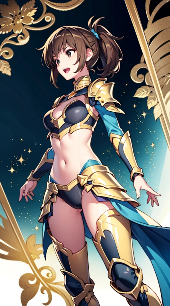 (1 girl,alone) ,fantasy, High resolution, 19 Private, original, (waist sheath:1.3), smile with open mouth, , short hair, medium breasts, view viewer, bangs ,Hazel eye detail, , put your hand on your chest,(brown hair,short ponytail hair:1.5), ,short hair, Are standing,straight, Avec,(Full body Esbian:1.1), white thighs,(Avec:1.4),Close-up portrait of a woman in gold armor, armor girl, ビキニアーマーのfemale knight, gold bikini armor,gold bikini armor, gorgeous female paladin, female knight, 美しいfemale knightの, beautiful armor, Slender、gold bikini armor, exposure of the abdomen, Glamorous gold bikini armor, stunning armor, The beautiful knight smiled,vertical navel、skin luster、Esbians with rough skin,Futomo,silver armored boots,Don