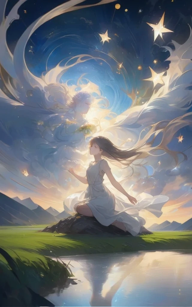 A girl sitting under a starry night sky, with her hands raised as if reaching for the stars. Her eyes are filled with wonder and awe, reflecting the shimmering light of the stars above. She is surrounded by a breathtaking landscape, with lush green fields and towering mountains in the distance. The air is crisp and cool, hinting at a serene and peaceful night. The girl's hair gently sways in the soft breeze, adding a touch of movement to the otherwise tranquil scene.

The artwork is created using traditional medium, combining the techniques of painting and digital illustration. The brushstrokes are expertly applied, capturing the essence of beauty and grace. The colors are vibrant and rich, creating a sense of depth and realism to the artwork. The details are meticulously rendered, showcasing the artist's attention to even the tiniest elements.

The overall image quality is of the highest standard, with a resolution of 4K or 8K. Every brushstroke, every color, and every detail is captured in ultra-high definition, allowing the viewer to fully immerse themselves in the artwork. The lighting is carefully crafted, with a balance between light and shadow that adds depth and dimension to the scene.

The artwork exudes a sense of tranquility and wonder, with an ethereal quality that transports the viewer to a different world. The colors are harmonious and soothing, evoking a sense of calm and serenity. The overall art style is a fusion of realism and fantasy, creating a unique and captivating visual experience.

In summary, the prompt for this artwork is "StarSign, (masterpiece, best quality:1.2), 1girl, solo".