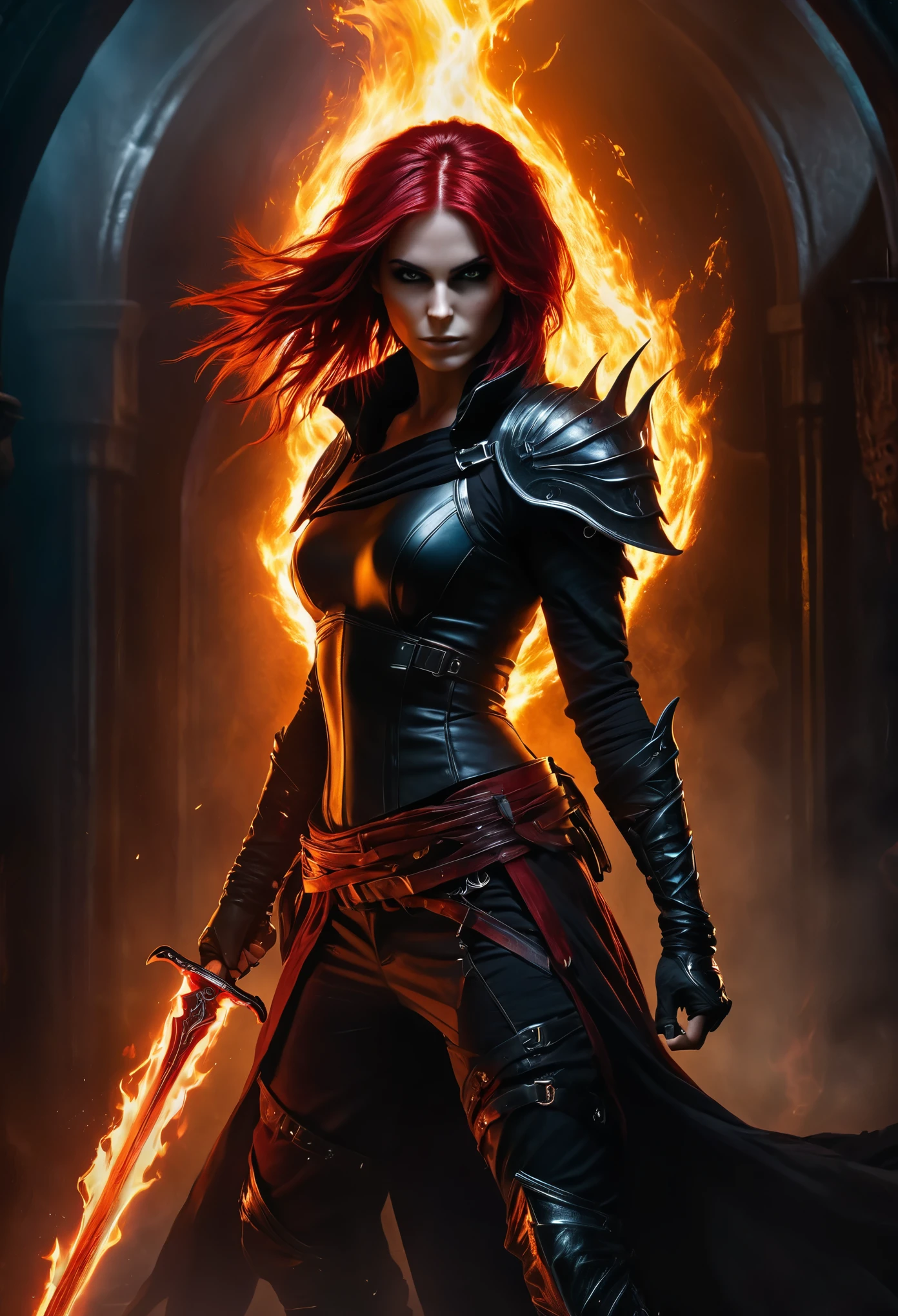 photorealistic, masterpiece, Rogue modern warrior girl, red-black coloured hair, shrouded in shadows, holding a flaming dagger in each hand, vibrant glowing abyssal colors, entirely in frame, FULL BODY, radiating electrical energy, shoulder length messy hair, hyperdetailed background, luminism