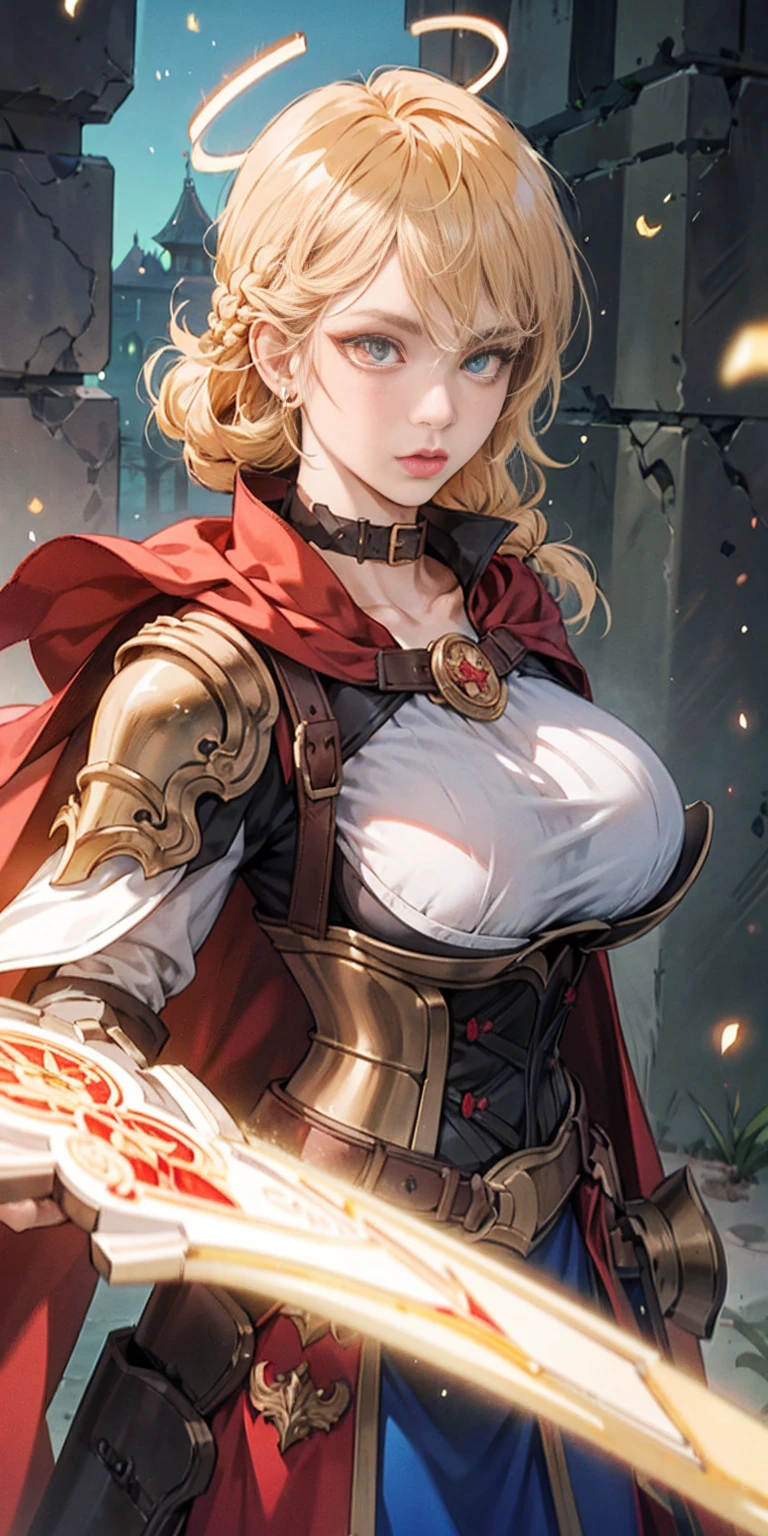 upper body of paladin lady in ornate golden armor, black collar, pauldrons, breastplate, corset, glowing halo, single braid, glowing eyes, bright pupils, eye focus, red cape, temple indoors, stained glass windows, day, daytime daylight, particles, light beam, chromatic aberration